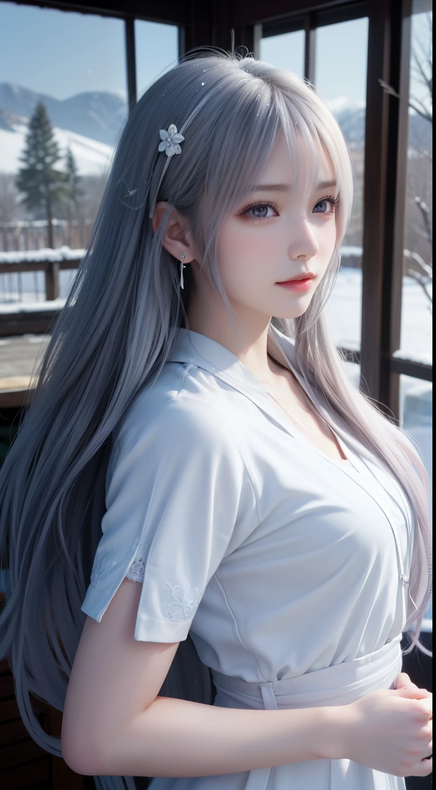((logo, masterpiece, 8k, table top, RAW photo, wonderful, 最high quality, Photorealistic and hvery detailed CG integrated 8k wallpaper, high quality, very detailed, Narrative poem, particle effects, dynamic effects, Depth of written boundary, cinematic light, Lens flare, ray tracing, anatomically accurate)), fantasy, 1 beautiful woman, ((lilac hair)), clear eyes, long hair, beautiful face, real face, 緻密でbeautiful eyes, beautiful skin, ((dancing woman, 優雅にdancing woman, snow sceneの中でdancing woman, 激しくdancing woman)), ((long hairがWindでなびく, long hairが跳ねる, long hairがWindで踊る)), hair jump, jewelry, beautiful eyes, white kimono, white obi, White cherry blossom embroidery pattern, silver earrings, Wind, snow mountainの中で, snow scene, snow mountain, snow makeup, 雪とhoarfrost, snow-capped mountainや森, hoarfrost, snow-capped mountain々, The beauty and brilliance of frost-covered trees, The tranquility and beauty of a world of ice and snow, hair color is light purple