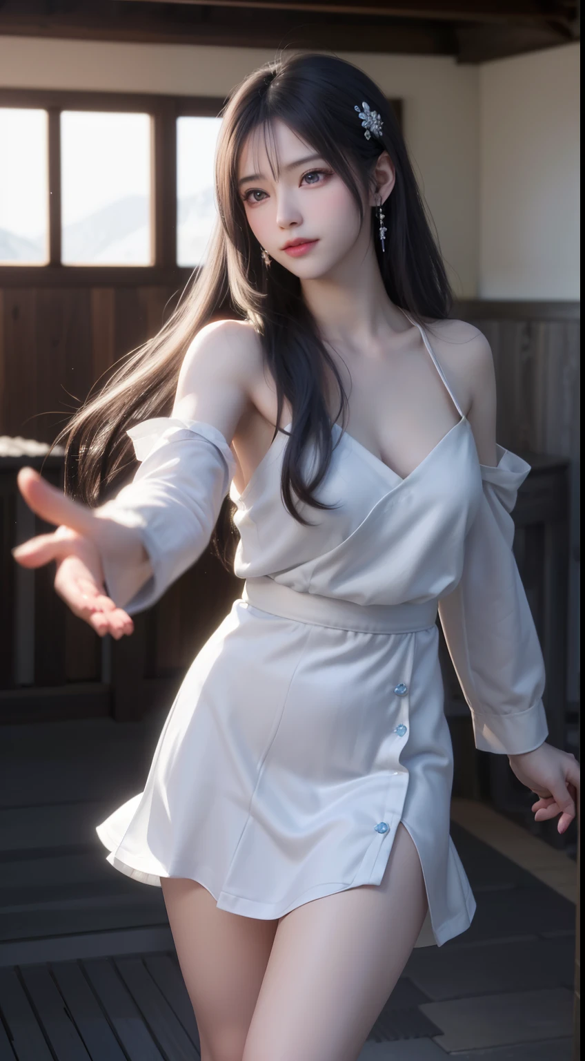 ((masterpiece, best quality)),((high resolution:1.3)), 1 Girl, solo, Cowboy Shot, Blurred Background, silky hair, (((Small breasts:1.3))), Thighs, (((cool Pose))), ((mini dress)), ((show underwear)), ((dress lift))
