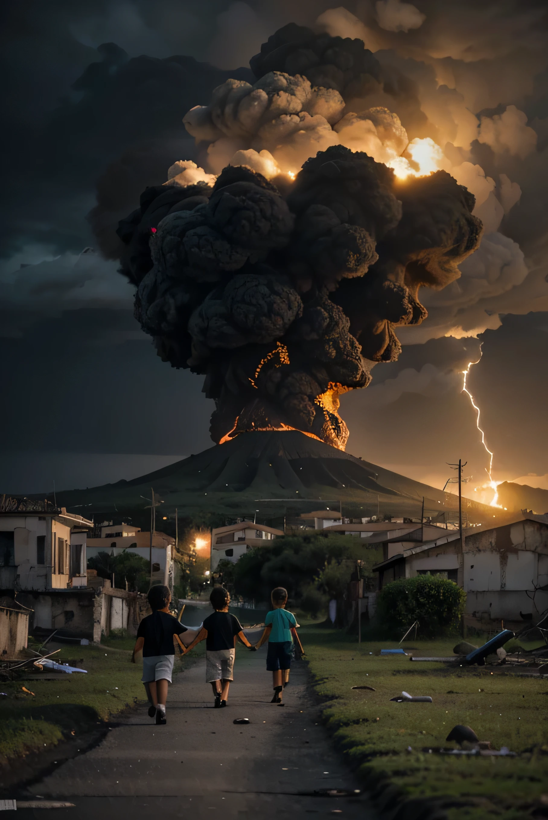 children playing with balloons playing, ,  a baloon in his hands walking a old ruins of a ancient town, black clouds on top of volcanic explosion, muitos raiosold venice, antiga cidade italiana, with giant eruption of Vesuvius, blow fire on top of Vesuvius,,piroclast flux descendo a montanha, rochas de lava voando, pessoas fugindo, electric rays , electrical storm coming out of the volcano, ruins, trash on the floor, children playing with balloons in their hands, dia sombrio,  ao longe nuvens negras , imagem sombria roman empireruins,cidade Velha, cidade destruida, alagada, "sapos", Herons, gaivotas, marsh birds, swamp vegetation, destroyed houses, ventania, hurricane,cores sombrias, agua revolta, 12k, iso 100 canon 800 mm 3.5 v4
