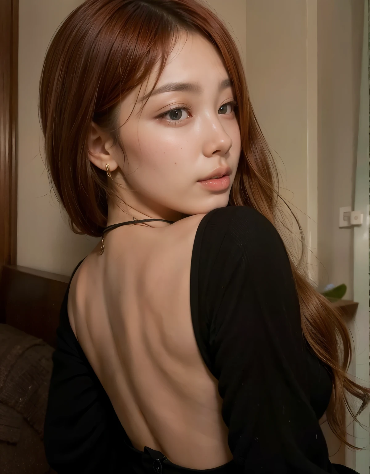 um close de uma mulher com cabelos longos e um vestido preto, gorgeous young mulher coreana, beautiful young mulher coreana, beautiful south mulher coreana,  coreana, beautiful  Asian, mulher coreana, showing the shoulder from behind, Linda mulher Asian, young  Asian,  Asian with long hair, linda jovem Asian,  Asian, uma mulher Asian