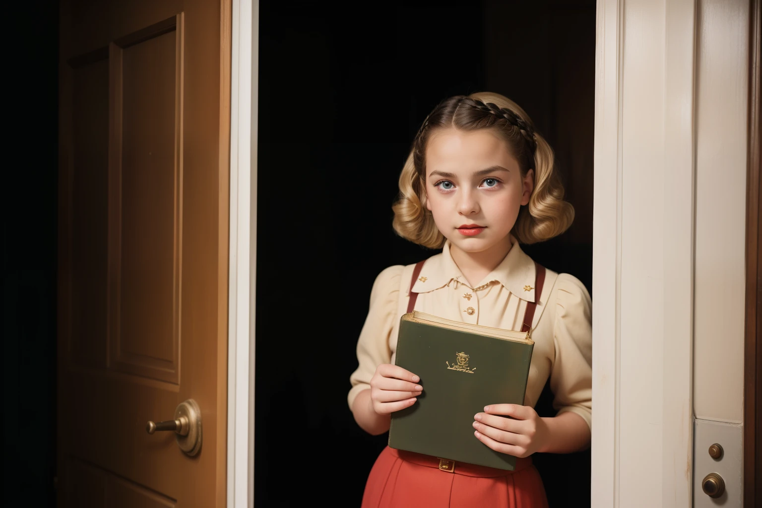 Molching, Germany, 1941. Outside, Through a mansion door thershold, ((((-yeld)) sel Meminger)), very thin, kind, big-hearted, dangerous dark eyes, holding a book, ((angry, furious expression)). ((((poor casual clothings from the 1940s)))), ((dark-blond hairstyle of the 1940s))