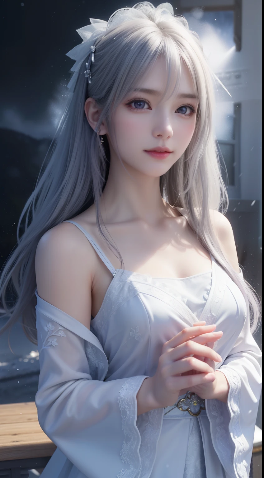 ((logo, masterpiece, 8k, table top, RAW photo, wonderful, 最high quality, Photorealistic and hvery detailed CG integrated 8k wallpaper, high quality, very detailed, Narrative poem, particle effects, dynamic effects, Depth of written boundary, cinematic light, Lens flare, ray tracing, anatomically accurate)), fantasy, 1 beautiful woman, ((lilac hair)), clear eyes, long hair, beautiful face, real face, 緻密でbeautiful eyes, beautiful skin, ((dancing woman, 優雅にdancing woman, snow sceneの中でdancing woman, 激しくdancing woman)), ((long hairがWindでなびく, long hairが跳ねる, long hairがWindで踊る)), hair jump, jewelry, beautiful eyes, white kimono, white obi, White cherry blossom embroidery pattern, silver earrings, Wind, snow mountainの中で, snow scene, snow mountain, snow makeup, 雪とhoarfrost, snow-capped mountainや森, hoarfrost, snow-capped mountain々, The beauty and brilliance of frost-covered trees, The tranquility and beauty of a world of ice and snow, hair color is light purple