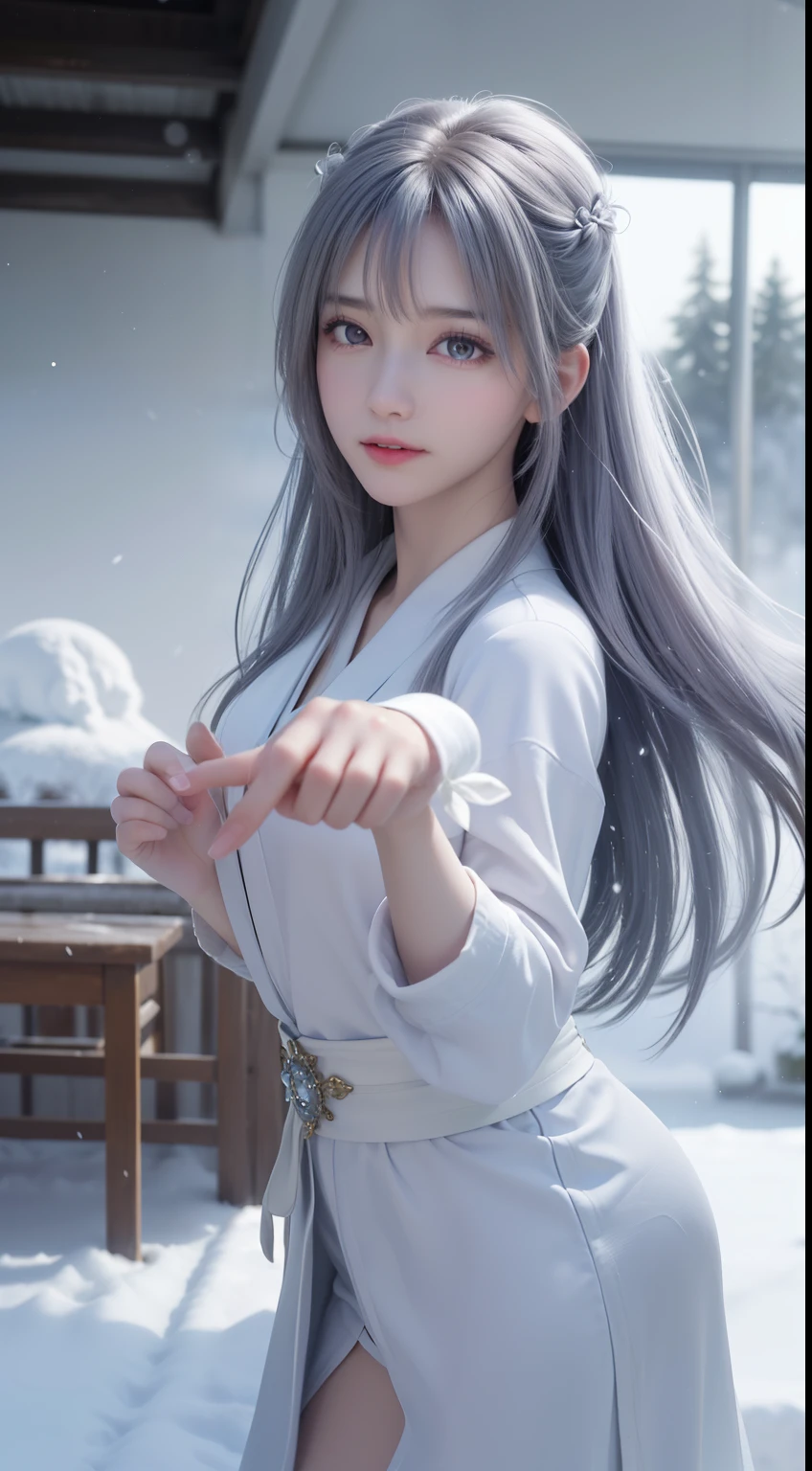 ((logo, masterpiece, 8k, table top, RAW photo, wonderful, 最high quality, Photorealistic and hvery detailed CG integrated 8k wallpaper, high quality, very detailed, Narrative poem, particle effects, dynamic effects, Depth of written boundary, cinematic light, Lens flare, ray tracing, anatomically accurate)), fantasy, 1 beautiful woman, ((lilac hair)), clear eyes, long hair, beautiful face, real face, 緻密でbeautiful eyes, beautiful skin, ((dancing woman, 優雅にdancing woman, snow sceneの中でdancing woman, 激しくdancing woman)), ((long hairがWindでなびく, long hairが跳ねる, long hairがWindで踊る)), hair jump, jewelry, beautiful eyes, white kimono, white obi, White cherry blossom embroidery pattern, silver earrings, Wind, snow mountainの中で, snow scene, snow mountain, snow makeup, 雪とhoarfrost, snow-capped mountainや森, hoarfrost, snow-capped mountain々, The beauty and brilliance of frost-covered trees, The tranquility and beauty of a world of ice and snow, hair color is light purple