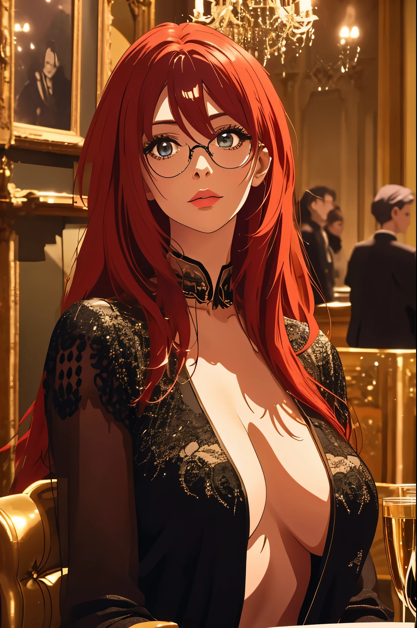 Rias Gremory,16 HD,in a Black dress for a ball dance,in the style of the season 4 of high school dxd,in a hall with people chatting and drinking in the back,(best quality,4k,8k,highres,masterpiece:1.2),ultra-detailed,(realistic,photorealistic,photo-realistic:1.37),oil painting style,red and black color tones,stunning lighting,beautiful detailed eyes,beautiful detailed lips,extremely detailed face and body,red hair flowing,confident yet elegant expression,graceful and alluring pose,amazing attention to folds and drapes in the dress,dramatic shadows and highlights on the face and body,fine textures and details on the dress,rich and vibrant colors on the background,sparkling chandeliers reflecting on the floor,romantic and enchanting atmosphere,crowded with elegantly dressed people,engaging in conversations and laughter,clinking glasses filled with champagne,enjoying a glamorous evening,creating a grand and festive ambiance.