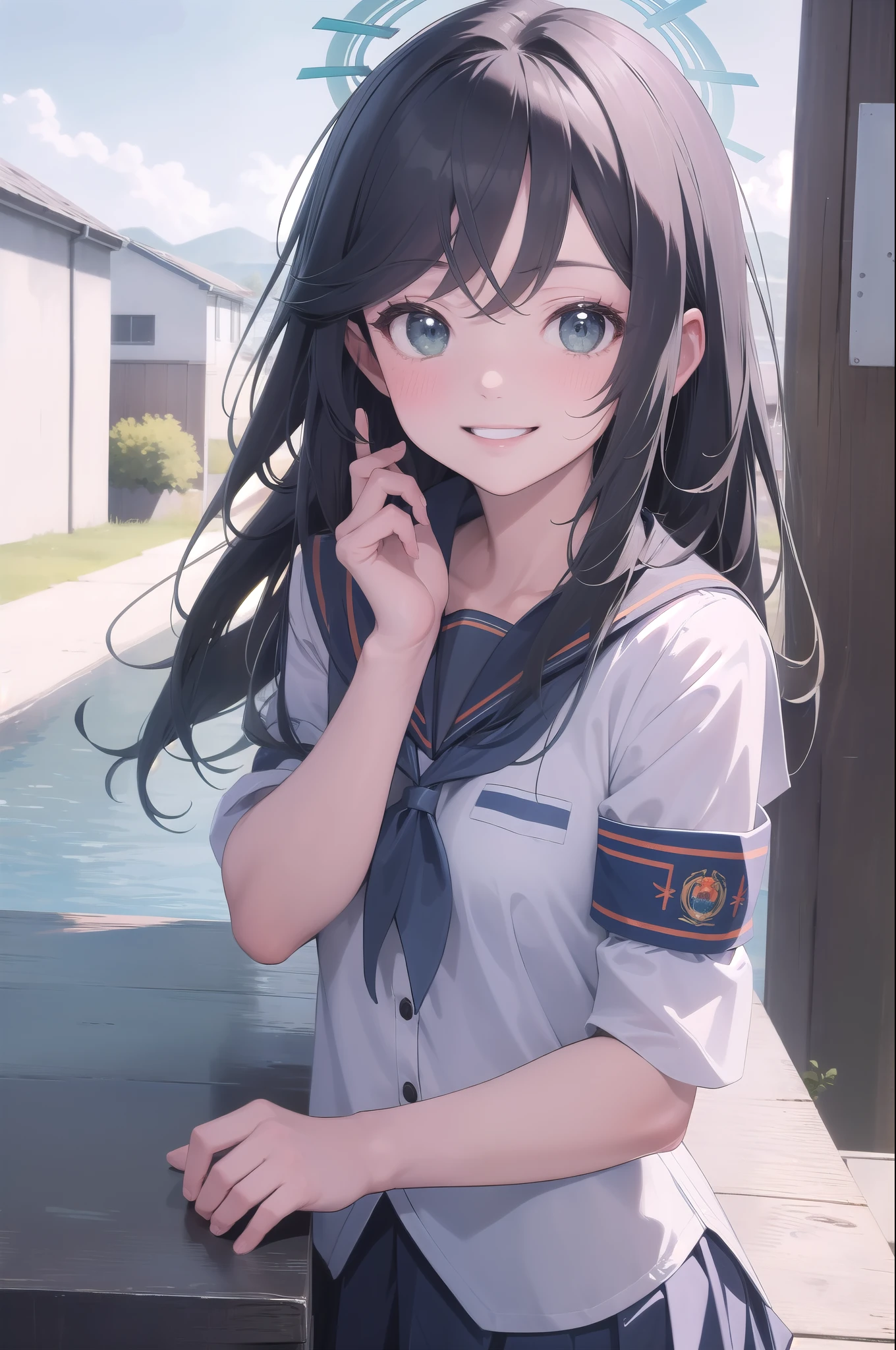 (masterpiece:1.3), (absurdres:1.3), (best quality:1.3), (ultra-detailed:1.3), 1girl, looking at viewer, smile, outdoors, upper body, minoriid, halo, serafuku, school uniform, sailor collar,