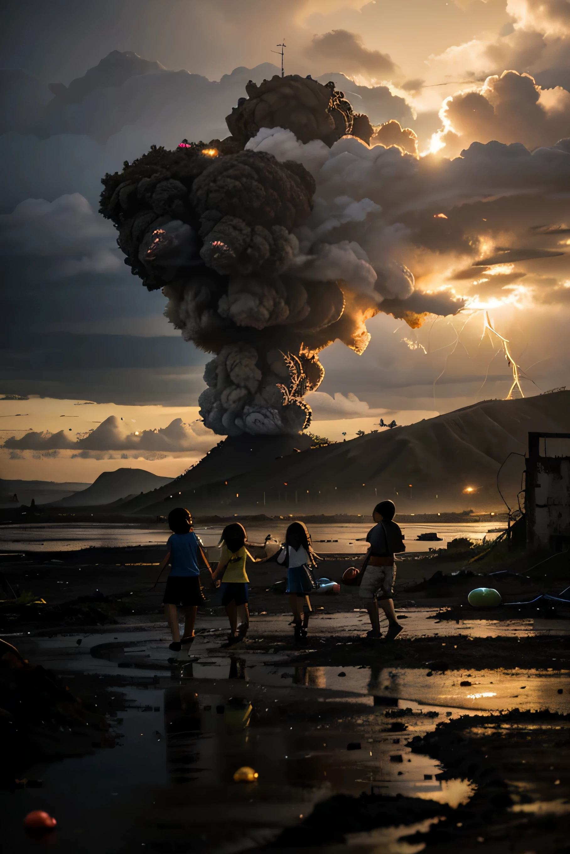 children playing with balloons playing, , a baloon in his hands walking a old ruins of a ancient town, black clouds on top of volcanic explosion, muitos raiosold venice, antiga cidade italiana, with giant eruption of Vesuvius, blow fire on top of Vesuvius,,piroclast flux descendo a montanha, rochas de lava voando, pessoas fugindo, electric rays , electrical storm coming out of the volcano, ruins, trash on the floor, children playing with balloons in their hands, dia sombrio, ao longe nuvens negras , imagem sombria roman empireruins,cidade Velha, cidade destruida, alagada, "sapos", Herons, gaivotas, marsh birds, swamp vegetation, destroyed houses, ventania, hurricane,cores sombrias, agua revolta, 12k, iso 100 canon 800 mm 3.5 v4