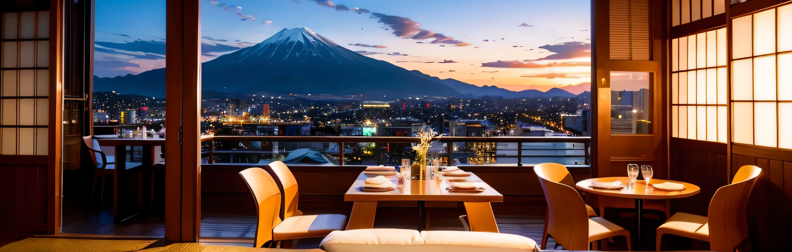 64k, Hmm, highest quality, masterpiece: 1.2), (realistic, photorealistic: 1.37), Spectacular view of the sunset sky and clouds、Amazing mountain views、Japanese sake、Sake Glass、Japanese food、Superior hotel、dinner、hot spring inn、table、Champagne、sparkling wine、White wine, slim, wine glass, Very beautiful night view、Hokuriku、Nagano Prefecture、