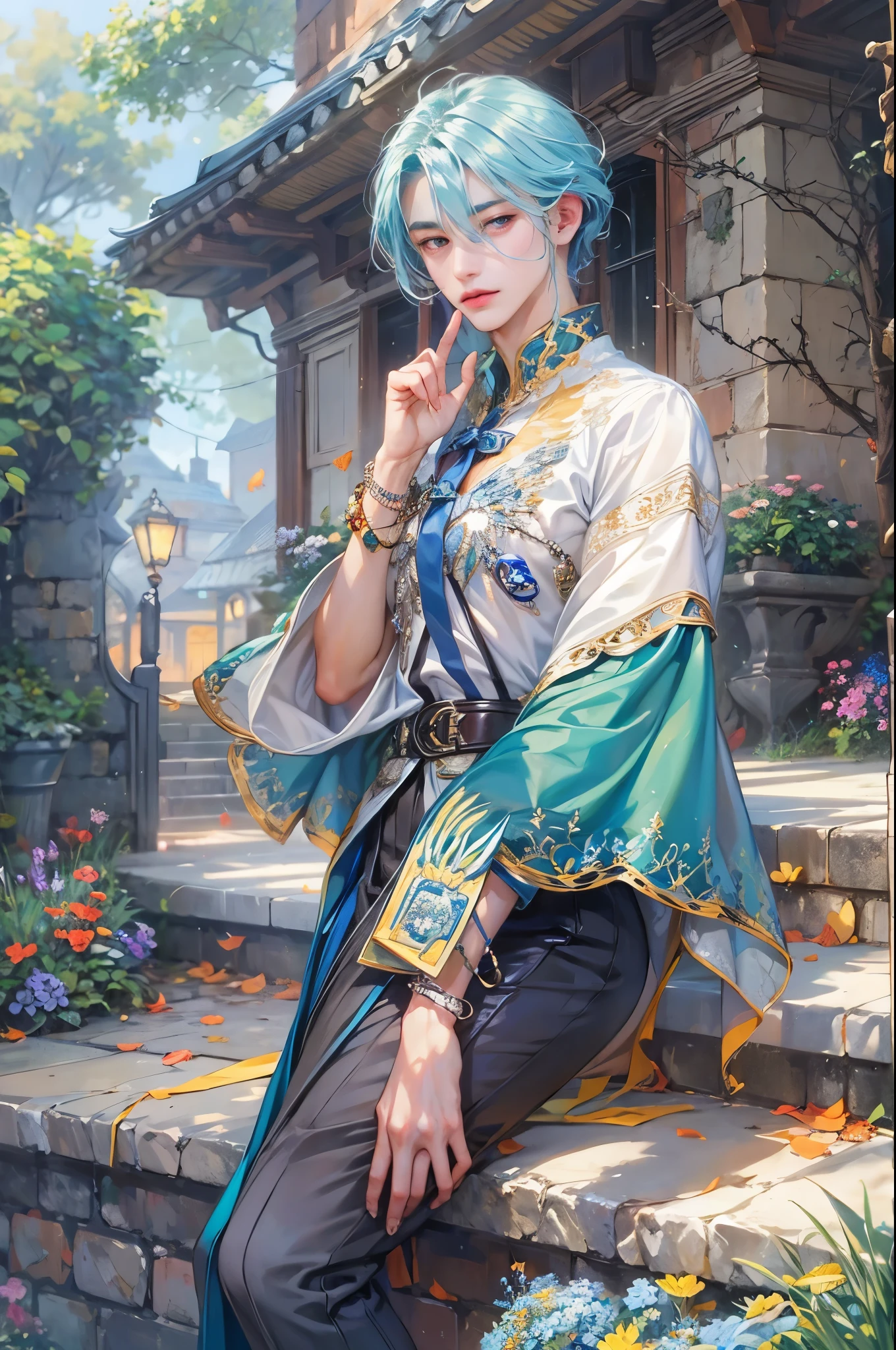 ((Best quality)), ((masterpiece)), (detailed), ((perfect face)), ((halfbody)) handsome face, male, boy, perfect proportions , a male version of the character from tensura slime isekai memories anime, colorful outfit, detailed scenery background