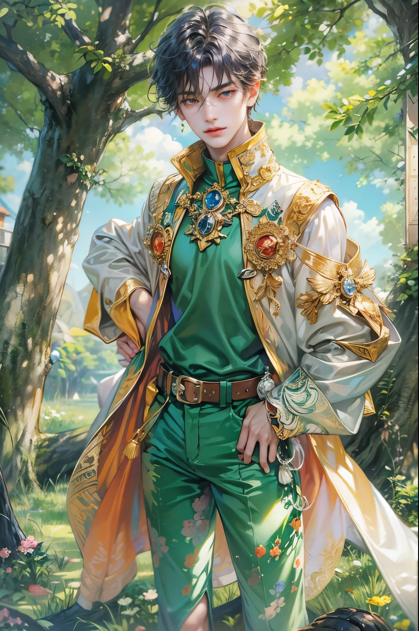 ((Best quality)), ((masterpiece)), (detailed), ((perfect face)), ((halfbody)) handsome face, male, teen boy, perfect proportions , a male version of the character from tensura slime isekai memories anime, colorful outfit, detailed scenery background