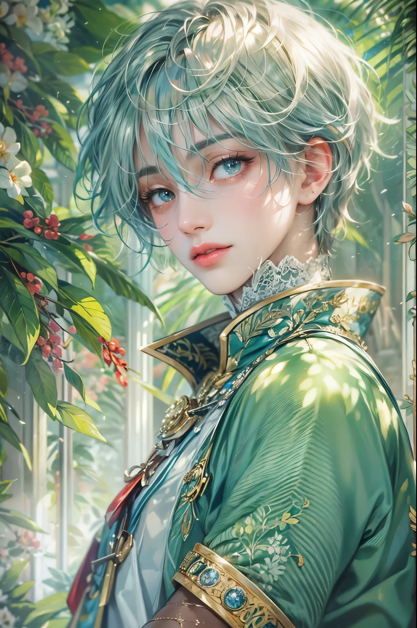 ((Best quality)), ((masterpiece)), (detailed), ((perfect face)), ((halfbody)) handsome face, male, teen boy, perfect proportions , a male version of the character from tensura slime isekai memories anime, colorful outfit, detailed scenery background