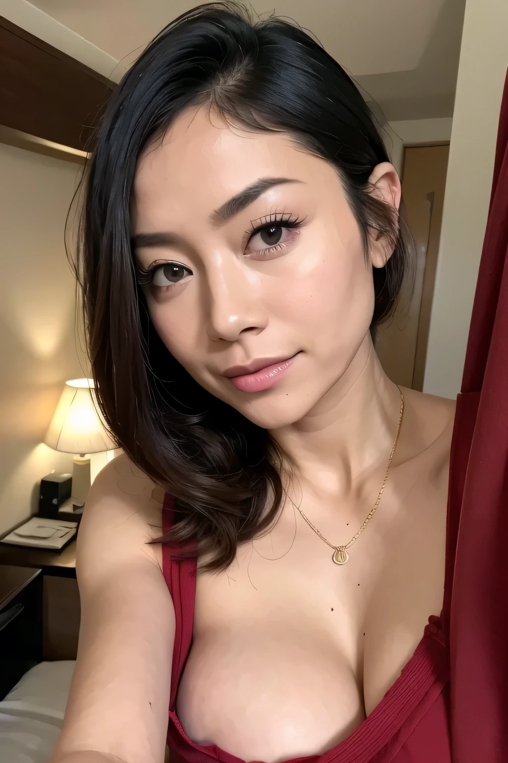 beautiful japanese wife,image of one woman、close up of face、smooth skin、masterpiece、highest quality、8k photo,30 generation women、knit sleeveless,middle-aged women、Bring your face closer to the audience, Oily and glowing skin,sweaty skin,hotel room door,A woman who opens the door and welcomes you.,