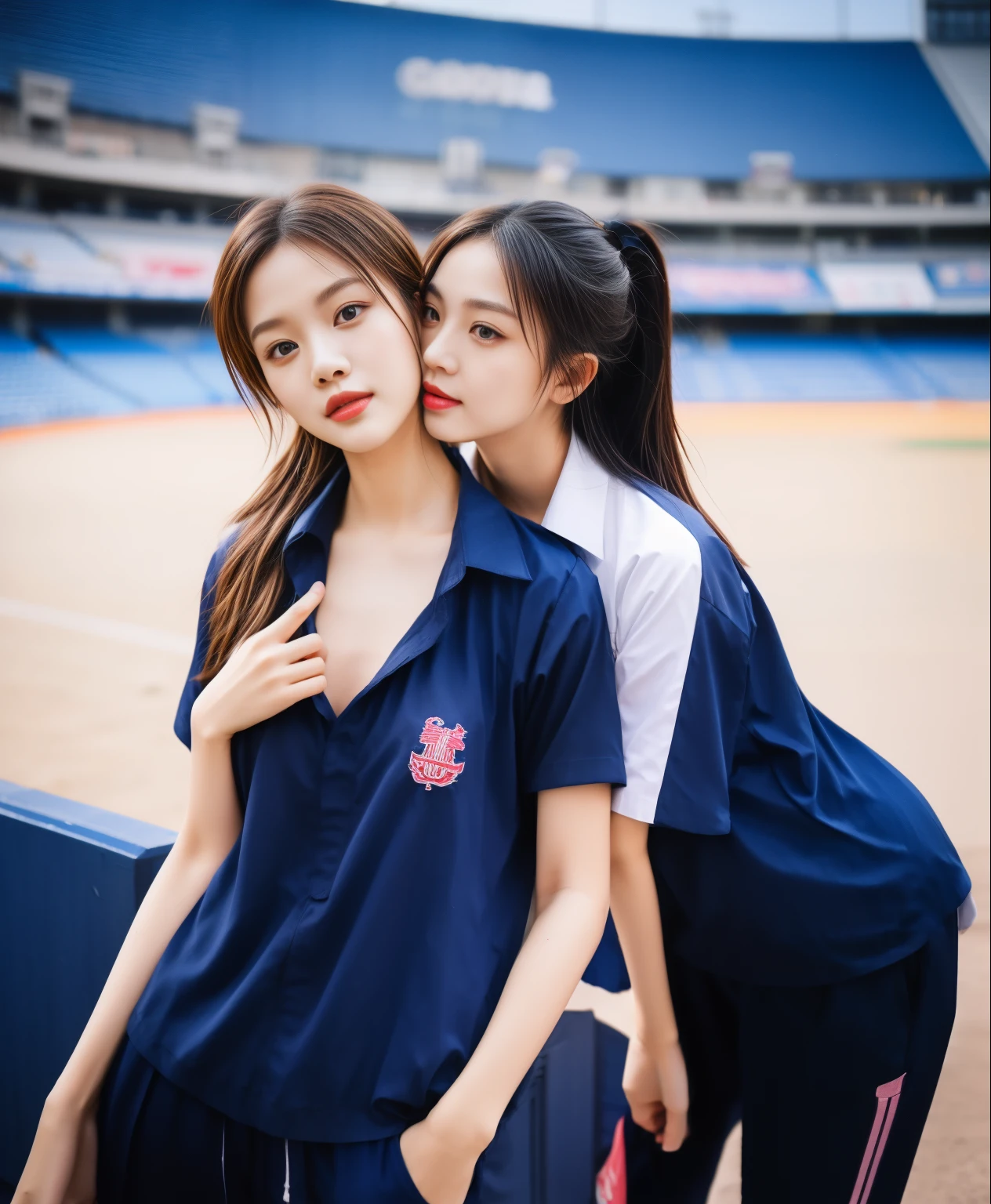(best quality,10,10,height,Masterpiece:1.2),Special details,(realistic,ภาพrealistic,Realistic photos:1.37),1 cute girl on the football field,shiny, ผิวshiny,only,smile softly,BDclothelue shirt:1.3)),short sleeve,shirt, กางเกงขาlong.,(navy_long_track pants:1.1), ((stadium background:1.3)),Dynamic angle,excited,Face focus,dynamic poses,from behind,focus on ass,Masterpiece, best quality, ultra realistic, hyper-detail, 8K resolution, raw photos, Sharp focus, ((Navy blue shirt:1.1)), short sleeve, เส้นทางlong, perfect body, 2 mature women, 18 years old, Cinema-grade lighting system,blue sweatpants,shirtผ้าออกกำลังกาย,correct anatomy,perfect body, correct body, Sharp face, correct bodyทางกายวิภาค, full body, realistic gestures, long-haired, realistic poses,Wear long shorts................................,ช่วงขาlong,Good shape,carved girl, Slender figure, model, Good shape, beautiful body,blue sweatpants, two girls kissing