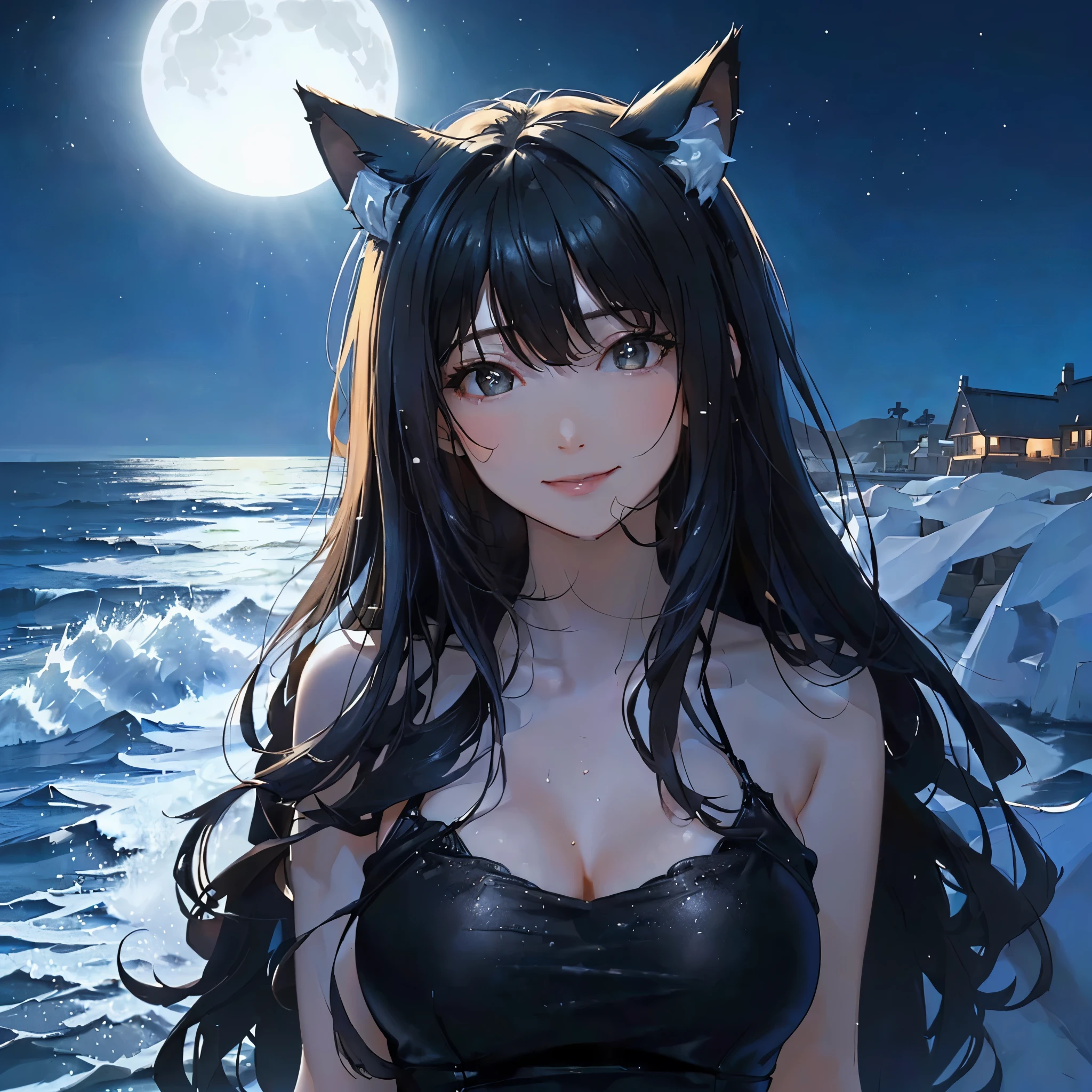 Beautiful moonlit night seaside, waves illuminated by moonlight, Calm and quiet waves、Very beautiful cat ears woman looking at you on the beach at night, mysterious smile, beautiful black eyes, long black hair, (( The woman's face is beautiful and detailed)), Wet and glowing, black dress, black semi-long cart, Barefoot)), ((highest quality)), ((high resolution 16k)), ((The background is realistic and beautiful.)), --automatic