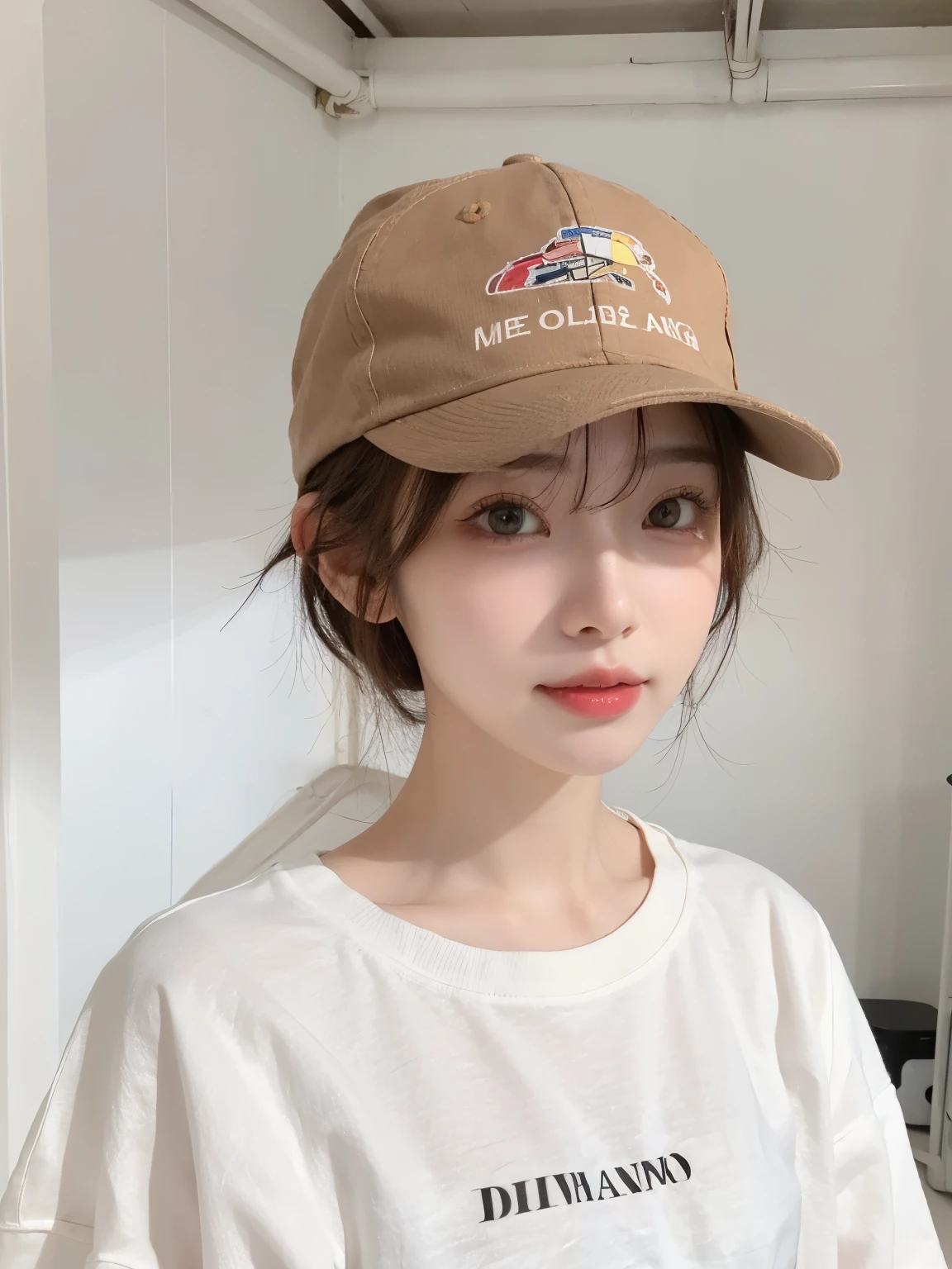 Best image quality、original photo、ultra high resolution、21 years old Korean、small breasts、dynamic angle、Cowboy shooting、The most beautiful form of chaos、elegant、Innovative design、bright colors、,light brown short hair、disheveled hair、light brown eyes 、black baseball cap(表情Smile)、short bob、Smile、Fair and shiny skin、beautiful eyes,random colors、The details are very beautiful、thin lips、细致beautiful eyes、elongated eyes、pale pink cheeks、long eyelashes、beautiful double eyelids、eye shadow、he、White big T-shirt sweatshirt、baggy pants、Shot from the side、sexy pose、enlarge