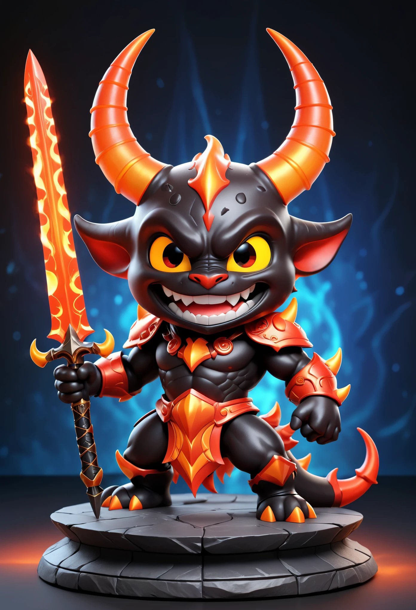 Pixar Disney cartoon illustration of a cute lava demon (figurine on a round base), wearing gleaming legendary armor and holding a sharp sword, twisted horns, evil smile, ((epic)), gothic shimmering background, masterpiece in maximum 16K resolution, superb quality. | ((More_Detail))