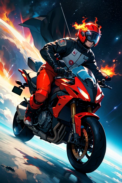 Asian male characters,Wear a spacesuit,Wear protective helmet,Laser sword in hand,Riding a flaming motorcycle,Traveling in space