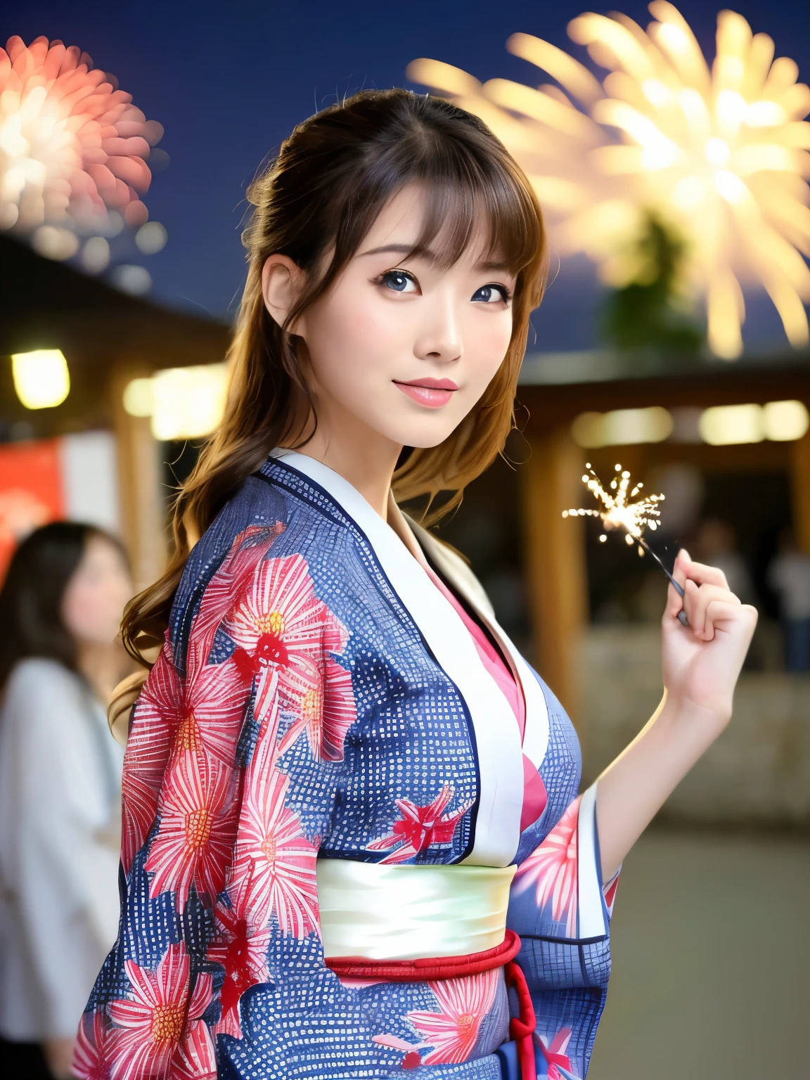 Woman posing for photo (kimono_clothes dress, fireworks patterned dress: 1.3), elegant face, beautiful shape, beautiful dark blue eyes, long wavy brown hair,
Good hands, high resolution, masterpiece, top quality, head: 1.3, (((Hasselblad photo)), fine skin, sharp focuovie lighting), collarbone, big breasts, slim abs, slim ass, slender legs, street bustling with Japan festival, soft lighting, dynamic angles, [:( detail face: 1.2):0.2], wind, panty shots, watching viewers