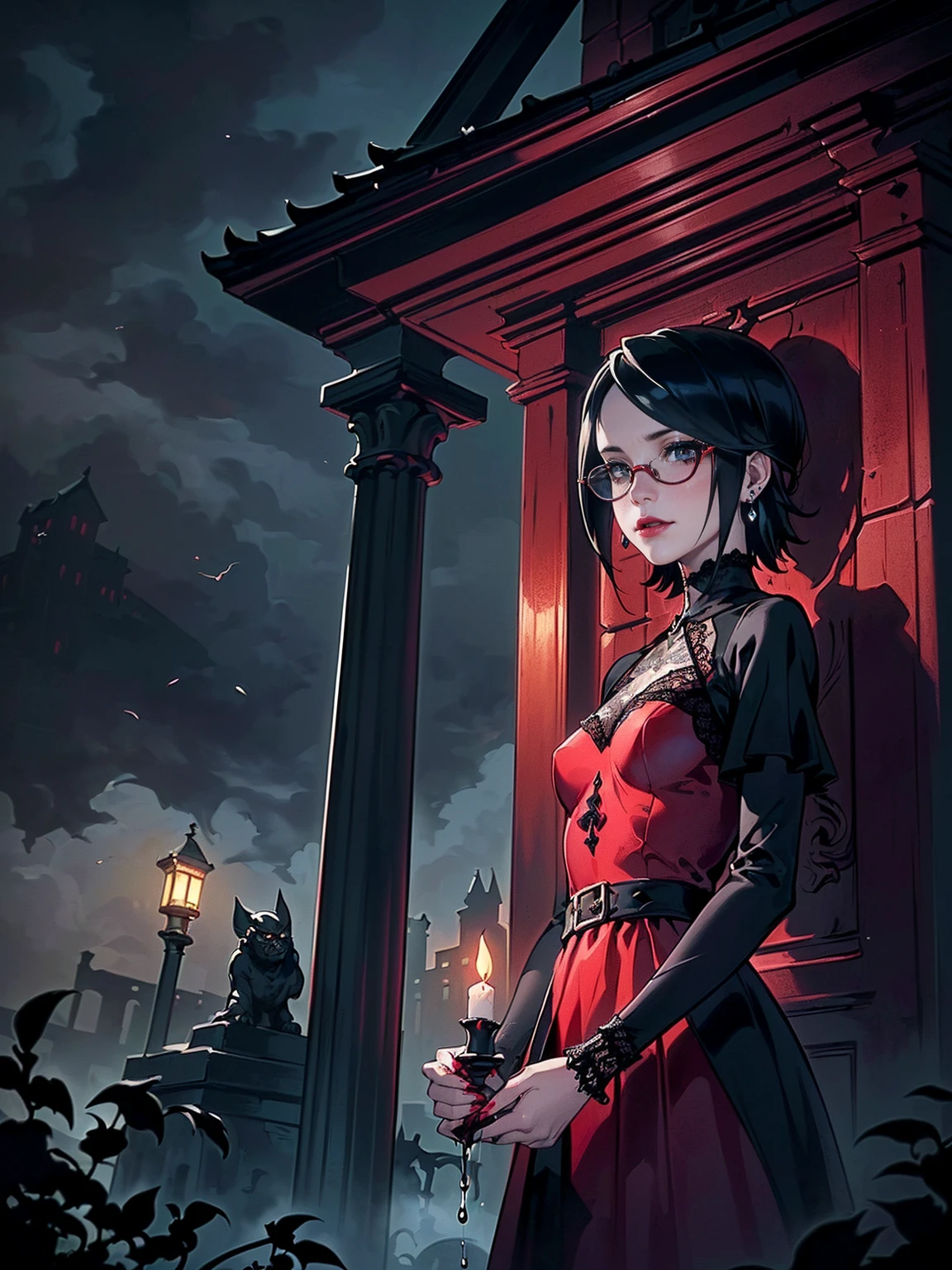 ((1girl, solo ,alone, Sarada Uchiha, short hair, ((smug, ((dark eyes)), gold bracelets, ruby earrings, ((black eyes, glasses, small breasts)), uchiha sarada)), ((close, solo, 1woman, pink lipstick, Extremely detailed, ambient soft lighting, 4k, perfect eyes, a perfect face, perfect lighting, a 1girl)), (shy, highest quality, masterpiece:1.2), High-definition RAW color photo, Professional, cinematic light, gothic aesthetics, horror, eerie atmosphere, dark shadow, unforgettably beautiful, creepy landscape, gothic architecture, eerie atmosphere, decaying ruins, foggy fog, dramatic lighting, dark color, creepy details, (beautiful woman, Flowing Black Dress, haunted house, cute presence, gothic fashion, lace and velvet, dark red dress and vclack), eerie storm clouds, Moonlight night, supernatural being, eerie shadow, gothic charm, romantic rose in a dark corner, Bright red roses, creeping vine, dripping candle, Secret Whispers、delicate carvings, Ancient curses, thunder and lightning, creepy fog and crows, medieval atmosphere, spiderweb, gorgeous chandelier、Gargoyle - decorated roof, bleeding statue, sublime beauty, gothic aesthetic