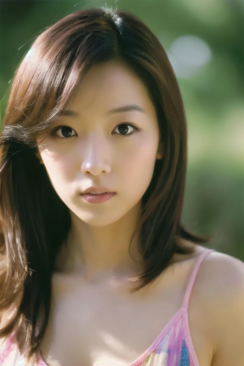 movie, film portrait photography, Hosomi Japanese woman, 30 years old, bare shoulders, wavy shoulder-length hair, calm, Calm, (realistic detailed eyes, natural skin texture, realistic facial details), soft and dramatic lighting, Depth of bounds written, Bokeh, vivid details, in detail, surreal, 35mm film, hazy blur