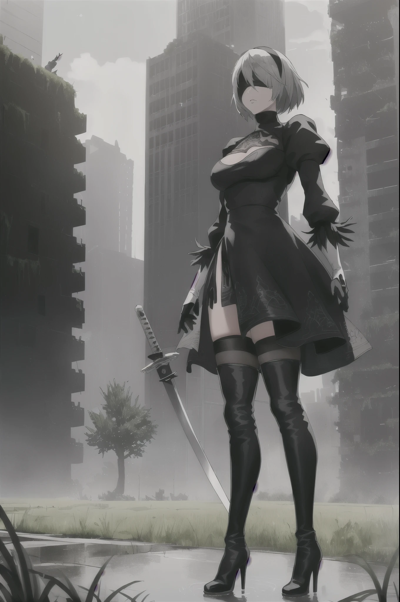 (masterpiece:1.2, best quality:1.2, beautiful, high quality, highres:1.1, aesthetic), detailed, extremely detailed, ambient soft lighting, 4K, perfect eyes, perfect face, perfect lighting, cowboy shot, yorha no. 2 type b, 1girl, absurdres, black blindfold, black dress, black hairband, blindfold, blue sky, boots, building, city, cloud, covered eyes, debris, huge ass, huge breasts, huge thighs, narrow waist, wide hips, thick thighs, curvy, dress, feather-trimmed sleeves, feather trim,  bending over, leaning forward, from below, gloves, grass, hairband, high heel boots, high heels, highres, juliet sleeves, katana, leather, leather boots, long sleeves, nier \(series\), nier automata, outdoors, overgrown, pod \(nier automata\), post-apocalypse, puddle, puffy sleeves, rubble, ruins, scenery, sky, thigh boots, thighhighs, thighhighs under boots, water