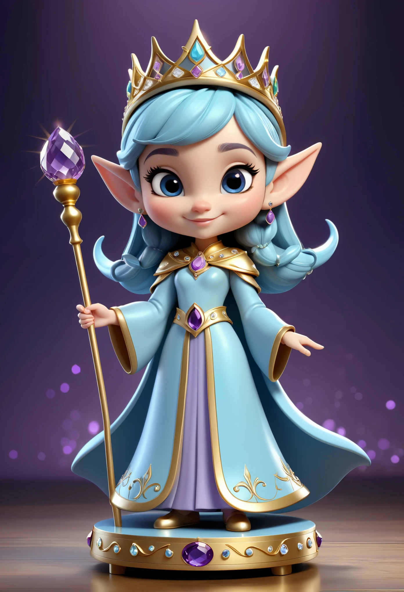 Pixar Disney cartoon illustration of a cute elf princess (figurine on a round base), wearing light blue robes with golden embellishment, jeweled tiara, holding a staff with a shiny amethyst on top of it, kind smile, looking straight at the viewer, ((epic)), gothic shimmering background, masterpiece in maximum 16K resolution, superb quality. | ((More_Detail))