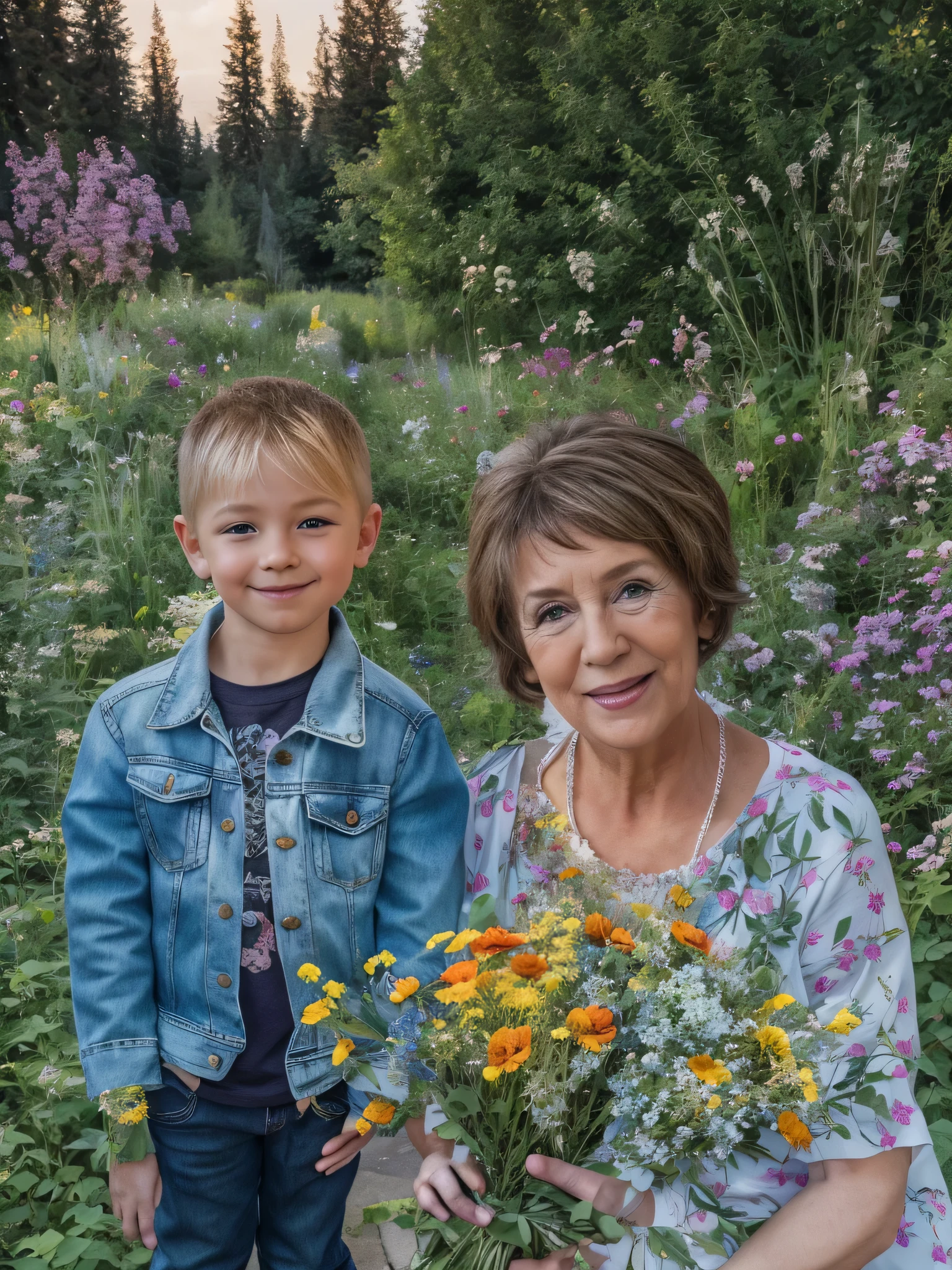 A  with blond hairless hair stands in a plain white T-shirt and dark jeans., Next to her, A 60-year-old woman with brown hair in a simple blue dress with no jewelry around her neck holds a large bouquet of flowers in her hands., Against the background of a green garden, really, super detailed, Ultra Detail, detailed clothing, realistic clothes, HD, high quality, detailed hair,  HDr, 8K, Masterpiece 