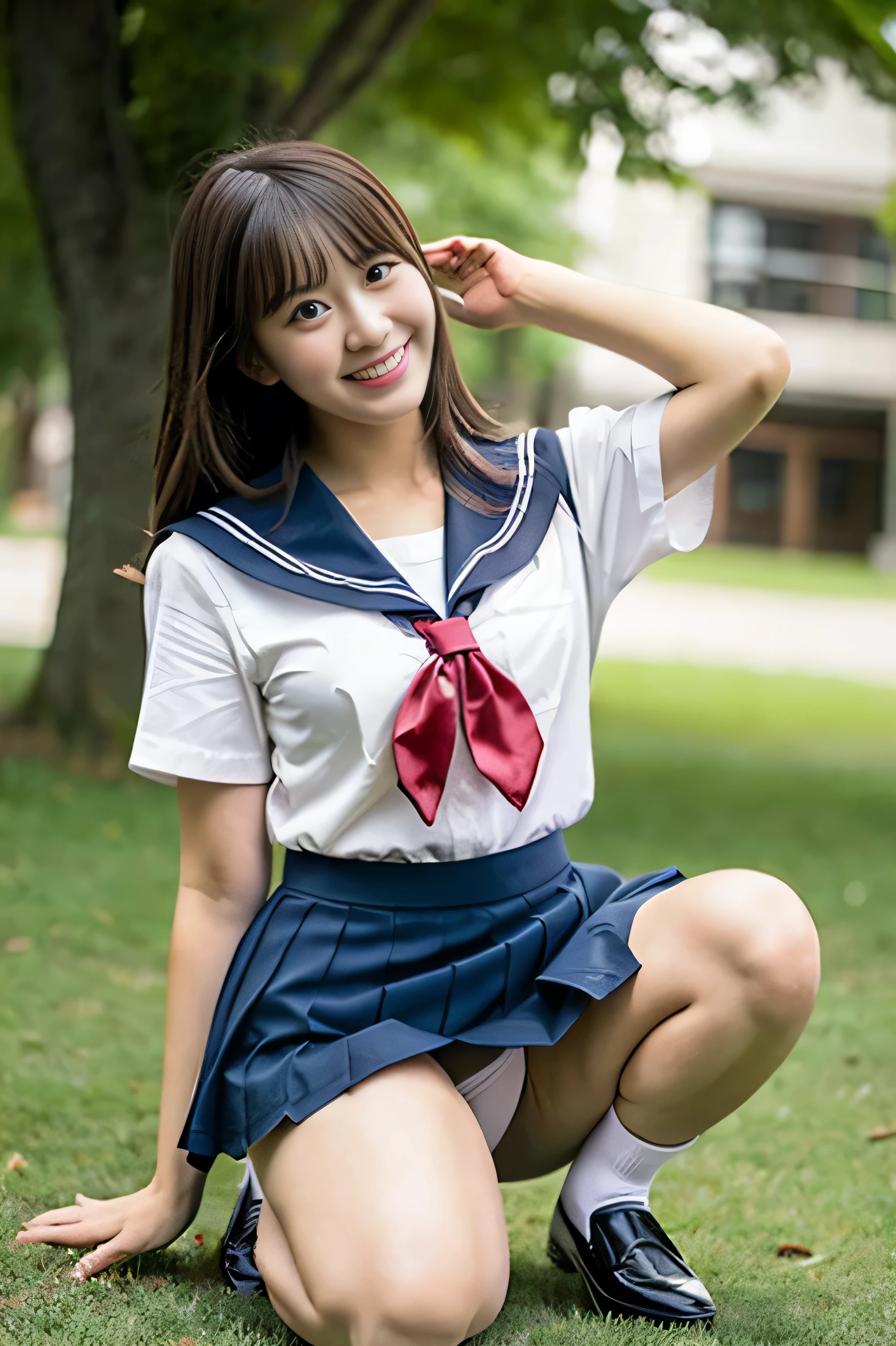 (realistic, photo realistic:1.2), ((highest quality)), move the center of gravity backwards, pretty embarrassing, white panties, (show panties:1.4),Tight Skirt, (Panty shot:1.3), (pull up the skirt:1.3), (squat:1.4), put the heel on the ground, spread your legs a little, squat with your knees up, Attach your ass to the ground, black penny loafers, beautiful face details, real human skin, gentle expression, Front view, angle from below, realistic, photorealistic, cute, short skirt, squat deep on school grounds, cute school girl, Japanese high school girl uniform, sailor suit, whole body,Smile, natural smile, charming smile, enchanting smile, (looking at the viewer:1.2), From before, from below,