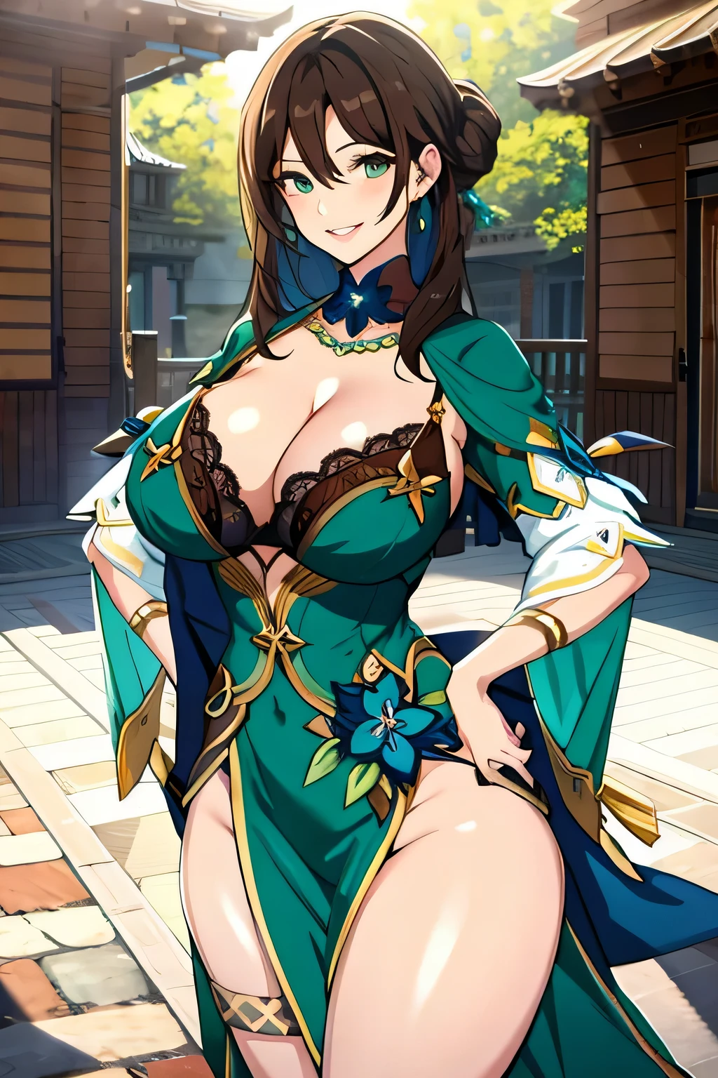 dark brown hair, blue colored dress, green eyes, gigantic breasts, cleavage, bare legs, smiling