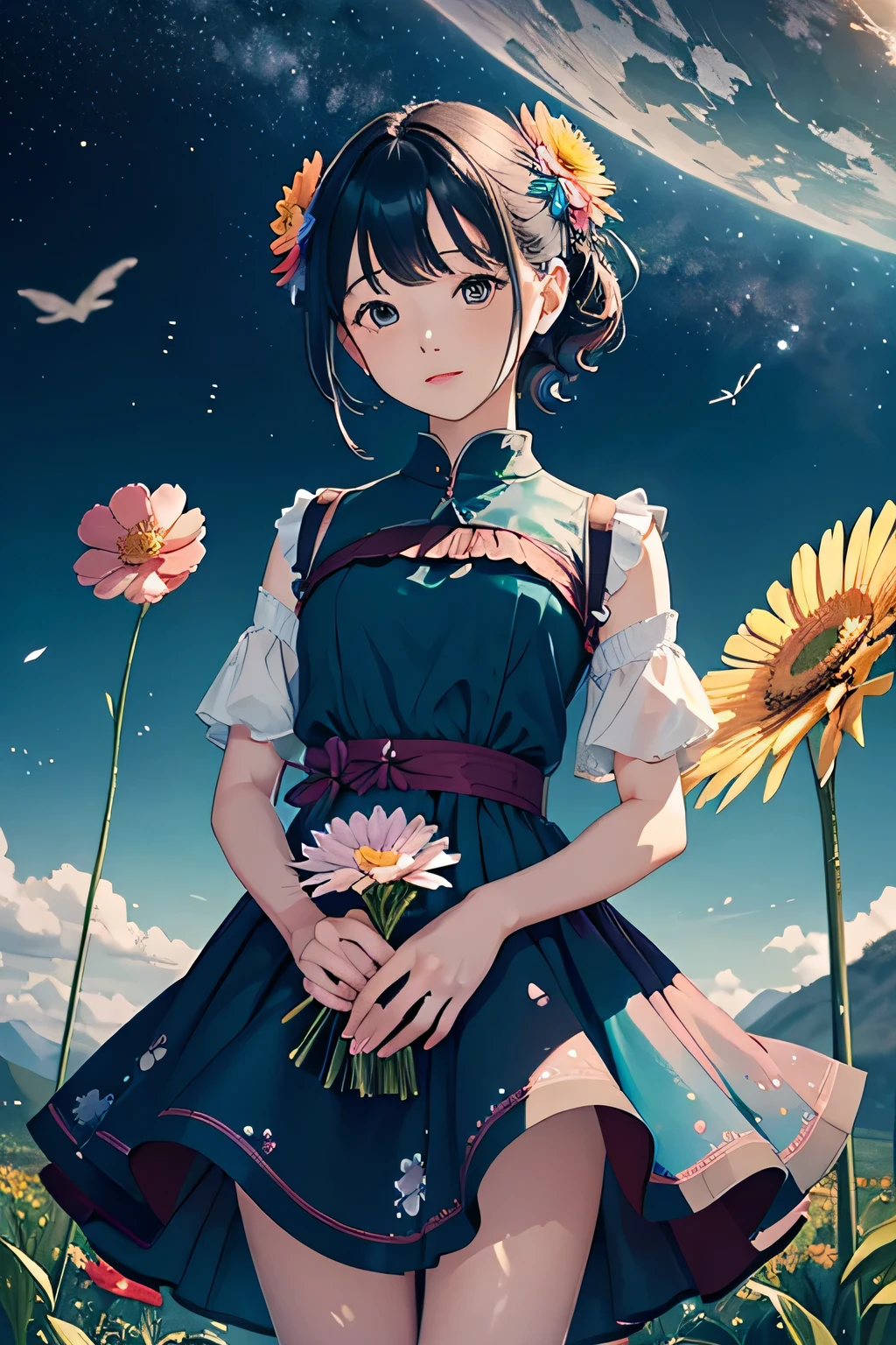 (highest quality, masterpiece), 1 girl,flower束を持っています, particle, Wind, flower, Upper body, simple background, looking at the viewer, rainbow colored hair, short teal floating dress, cosmic, nebula, milky way､