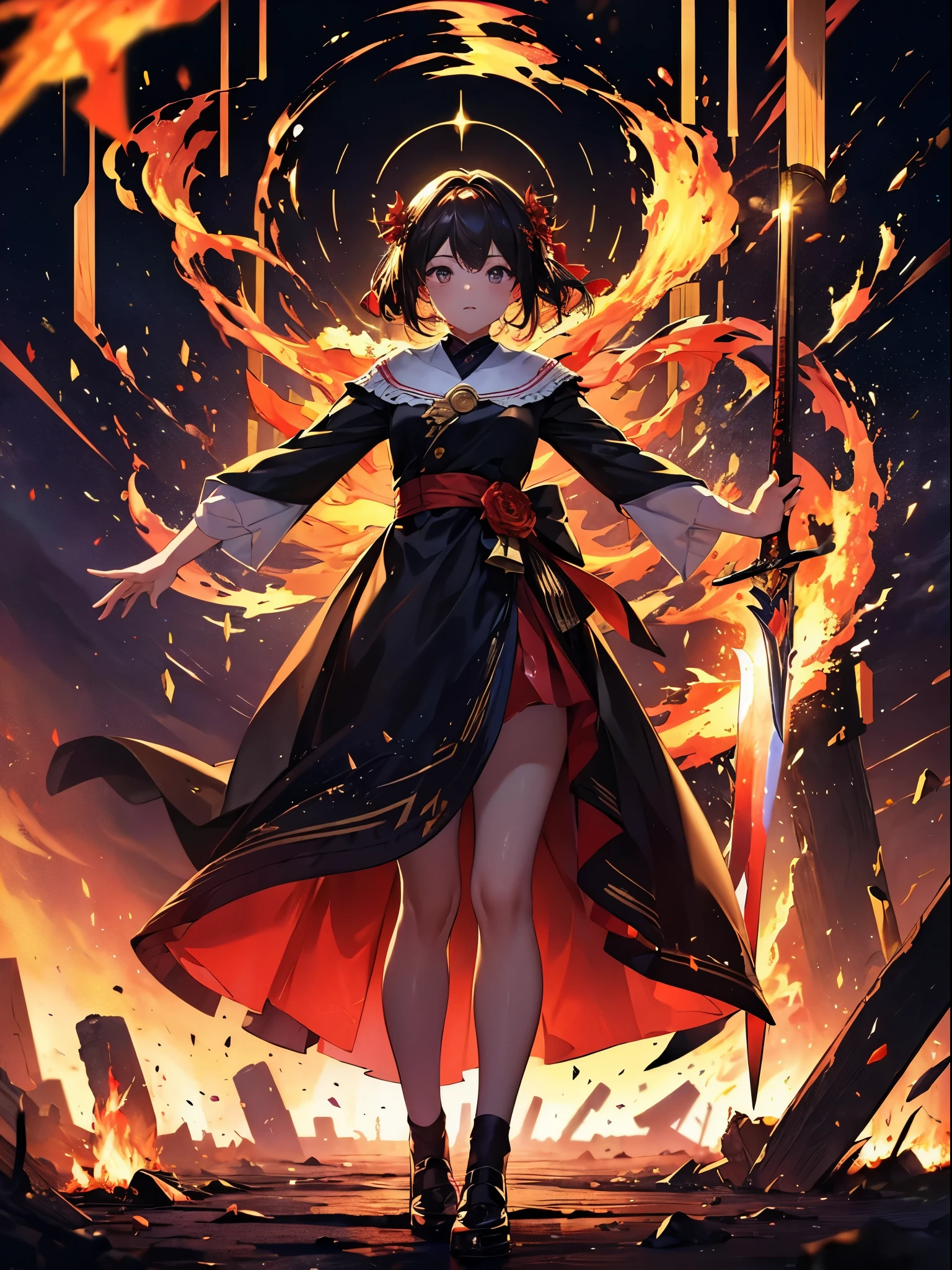 "paleta demon slyar" girl with brown almond eyes, short curly brown hair, dressed in a black kimono and an orange blanket