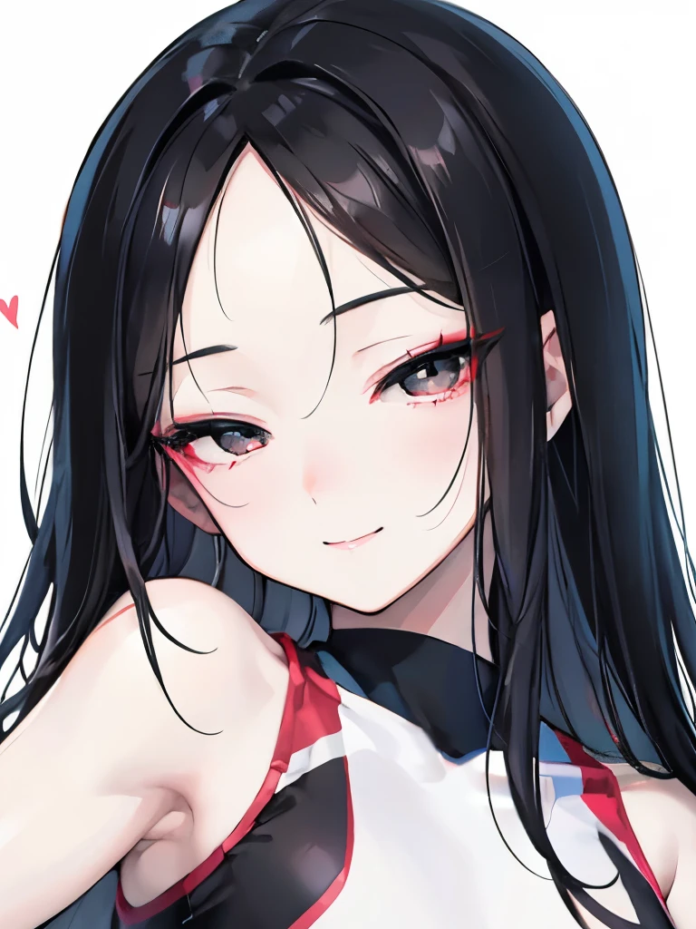 Beautiful woman, simple, eye contact, face close-up, asian eyes, asian beauty, pale skin, black hair, dark black eyes, mysterious, half closed eyes, seductive, small eyes, smiling, cheeky, flirty, pure, seducing, track team uniform, large forehead, slim, flat, heart