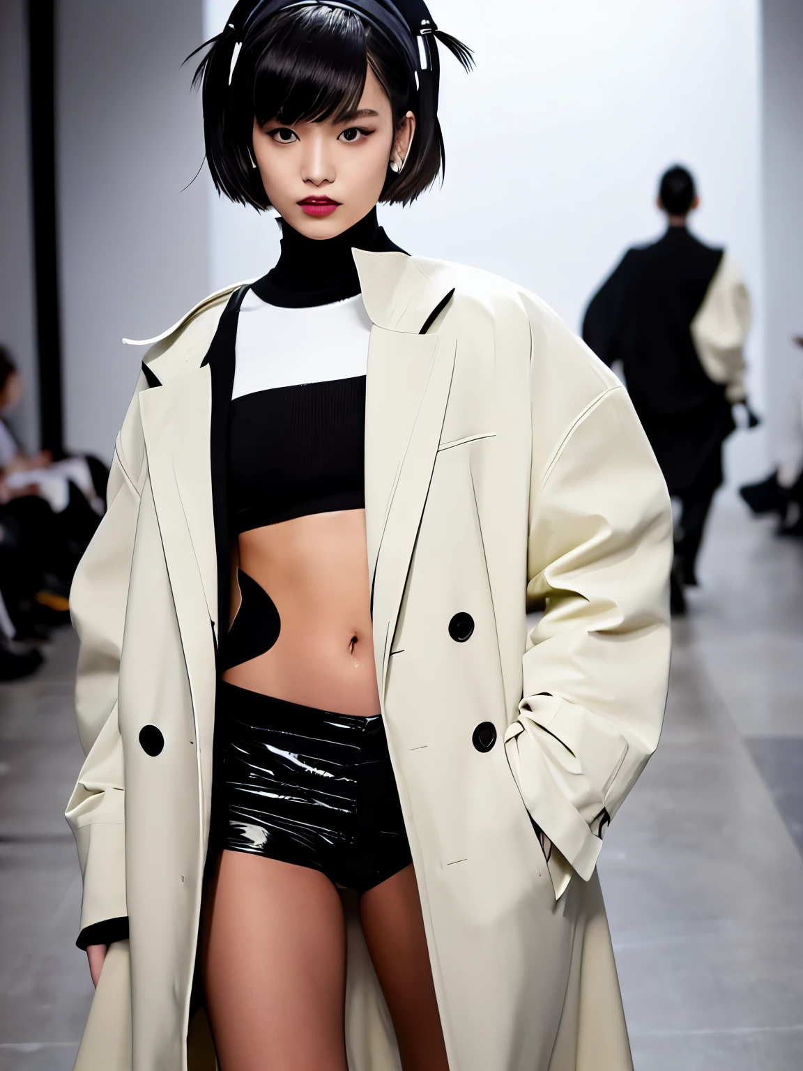 ((masterpiece, top quality, high definition)), 1 Japanese girl, 20 years old, sporting a dynamic minimal short hairstyle that exudes a sense of movement and effortless chic. This hairstyle accentuates her sharp features and Honey face type, adding an edge to her overall look. Her fashion is quintessentially Mode, characterized by bold and innovative designs that challenge traditional silhouettes. She wears an avant-garde ensemble that seamlessly blends high fashion with streetwear elements, showcasing a unique mix of textures, colors, and layers that epitomize the essence of contemporary fashion. The background is a crisp, homogenous white, highlighting her figure and outfit against the simplicity of the studio setting. Her posture is relaxed yet confident, with a slight tilt of the head that suggests motion and a forward-thinking attitude. Her gaze is direct and engaging, inviting viewers into a world where fashion meets art. ((face close-up)), (drawing all head, shoulders),