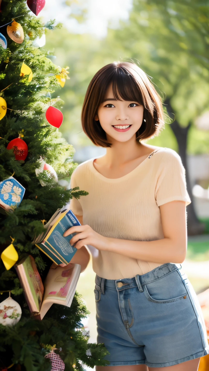 masterpiece, highest quality, super detailed), Portrait of an 18 year old woman with light brown hair, curly green eyes, Smiling blue shorts in a beige blouse and blue jeans are singing from under the tree。 (Leaning against a tree) And reading brown books - very realistic --  