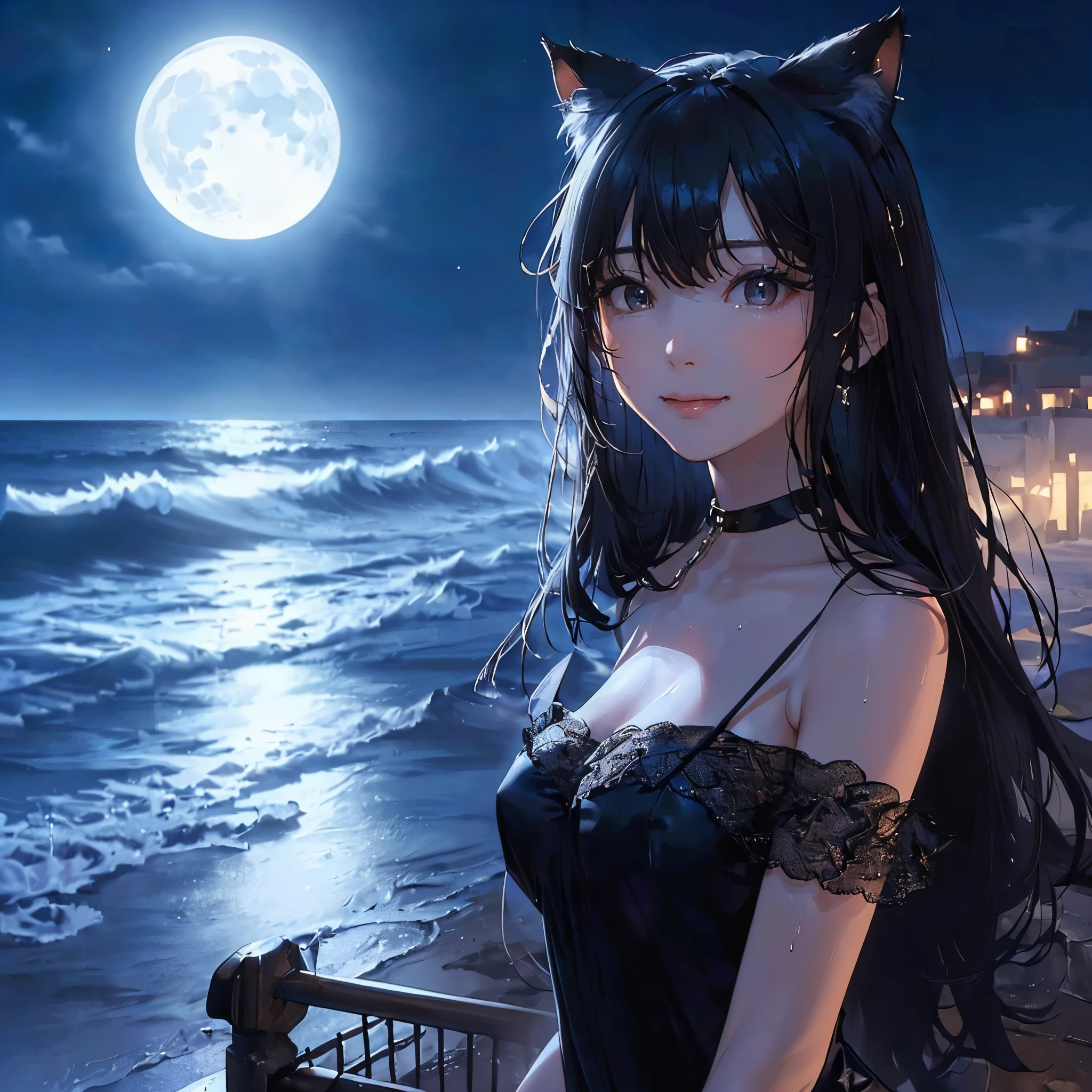 Beautiful moonlit night seaside, waves illuminated by moonlight, Calm and quiet waves、Very beautiful cat ears woman looking at you on the beach at night, mysterious smile, beautiful black eyes, long black hair, (( The woman's face is beautiful and detailed)), Wet and glowing, black dress, black semi-long cart, Barefoot)), ((highest quality)), ((high resolution 16k)), ((The background is realistic and beautiful.)), --automatic