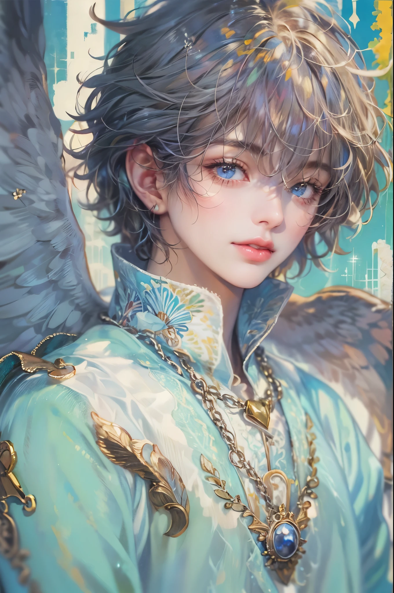 ((Best quality)), ((masterpiece)), (detailed), ((perfect face)), ((halfbody)) handsome face, male, teen boy, perfect proportions , a male version of the character from angelic layer anime in a colorful outfit, detailed scenery background