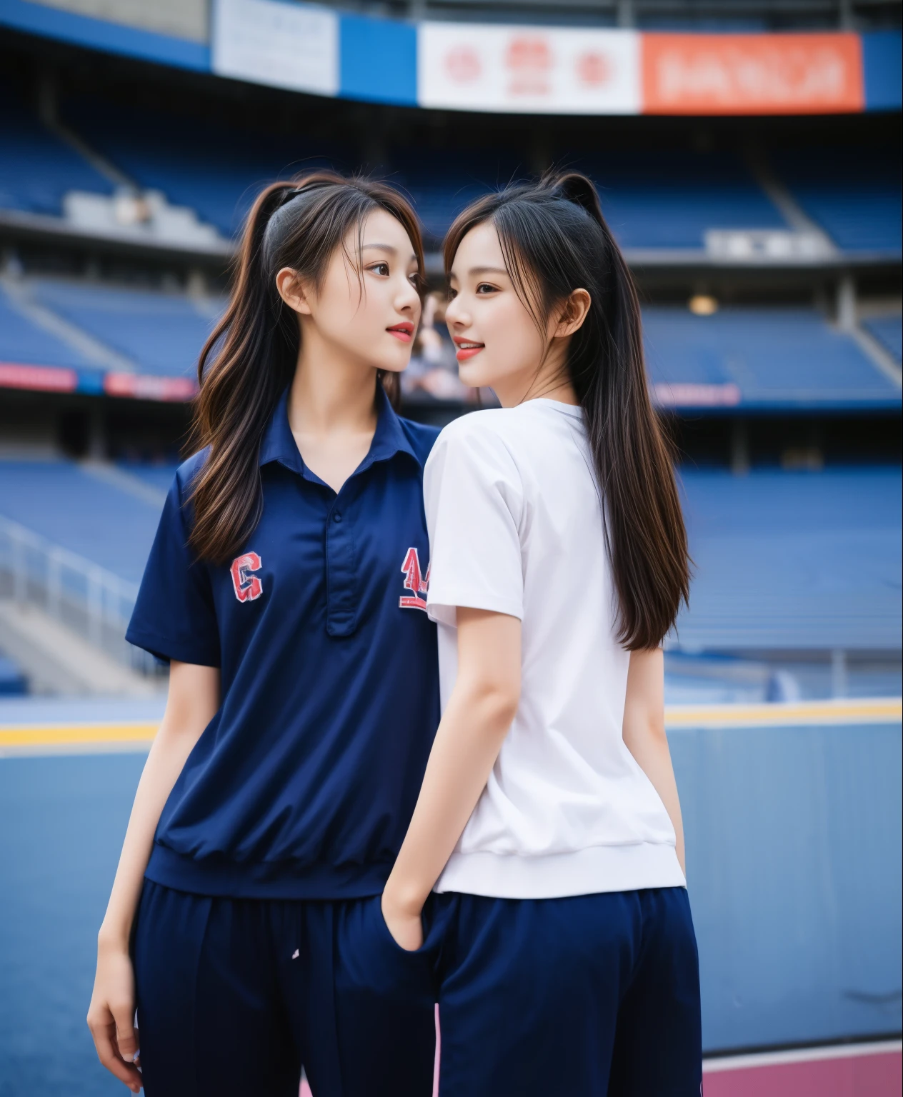(best quality,10,10,height,Masterpiece:1.2),Special details,(realistic,ภาพrealistic,Realistic photos:1.37),1 cute girl on the football field,shiny, ผิวshiny,only,smile softly,BDclothelue shirt:1.3)),short sleeve,shirt, กางเกงขาlong.,(navy_long_track pants:1.1), ((stadium background:1.3)),Dynamic angle,excited,Face focus,dynamic poses,from behind,focus on ass,Masterpiece, best quality, ultra realistic, hyper-detail, 8K resolution, raw photos, Sharp focus, ((Navy blue shirt:1.1)), short sleeve, เส้นทางlong, perfect body, 2 mature women, 18 years old, Cinema-grade lighting system,blue sweatpants,shirtผ้าออกกำลังกาย,correct anatomy,perfect body, correct body, Sharp face, correct bodyทางกายวิภาค, full body, realistic gestures, long-haired, realistic poses,Wear long shorts................................,ช่วงขาlong,Good shape,carved girl, Slender figure, model, Good shape, beautiful body,blue sweatpants, two girls kissing