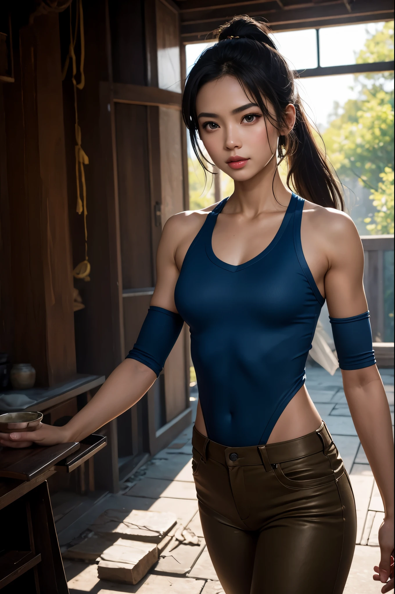 8K,The younger sister of twin sisters wearing casual clothes,Super beautiful(like the real thing),super realistic skin,My sister is tall and has a muscular, slim body.,Violent and strongly cracked abdominal muscles,small breasts,blue sexy combat uniform,Big eyes,black eyes,Light brown-haired ponytail,fancy makeup,blue combat pants,A bold smile,masterpiece,Photorealistic RAW photos of the highest quality。bright colors,rich colors, Backlight, cinematic lighting, film grain, to be born, 50mm lens, Nikon D850,detailed character art,fantasy art,ultra high resolution,super realistic skin,Perfect hand shape,In front of the abandoned temple,beautiful expression,