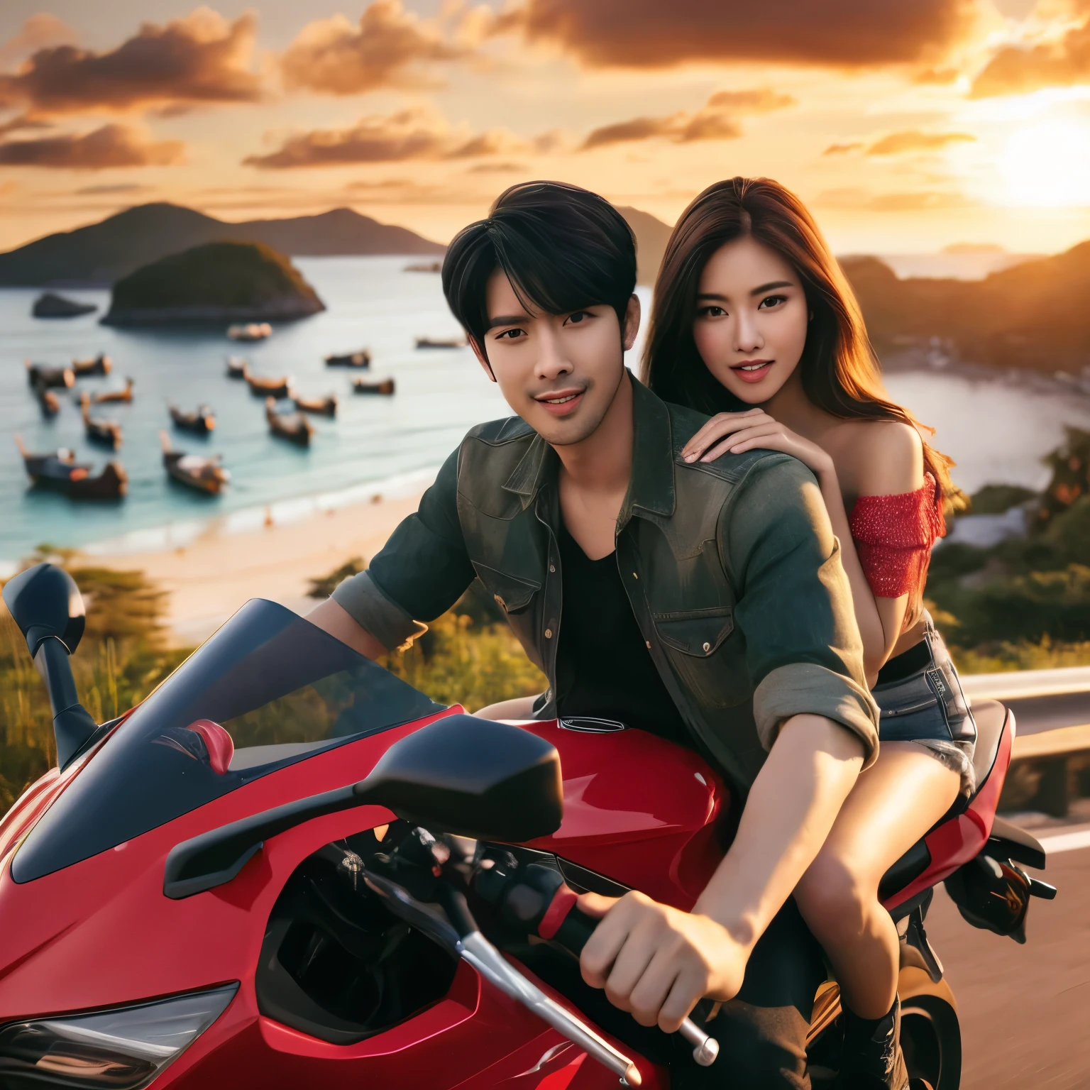 A lovely couple are riding on a motorcycle on the road near the ocean, sunset, lens flare, riding a motorcycle, best on adobe stock, cinematic luts, riding a sporty motorcycle, portrait shot, sitting on a motorcycle, wlop and ross tran, modeling photography, motorcycle, riding a motorbike, cinematic, realistic, masterpiece, 8k, high detail, high definition, by leng jun, in style of kyrill kotashev, motorcycles