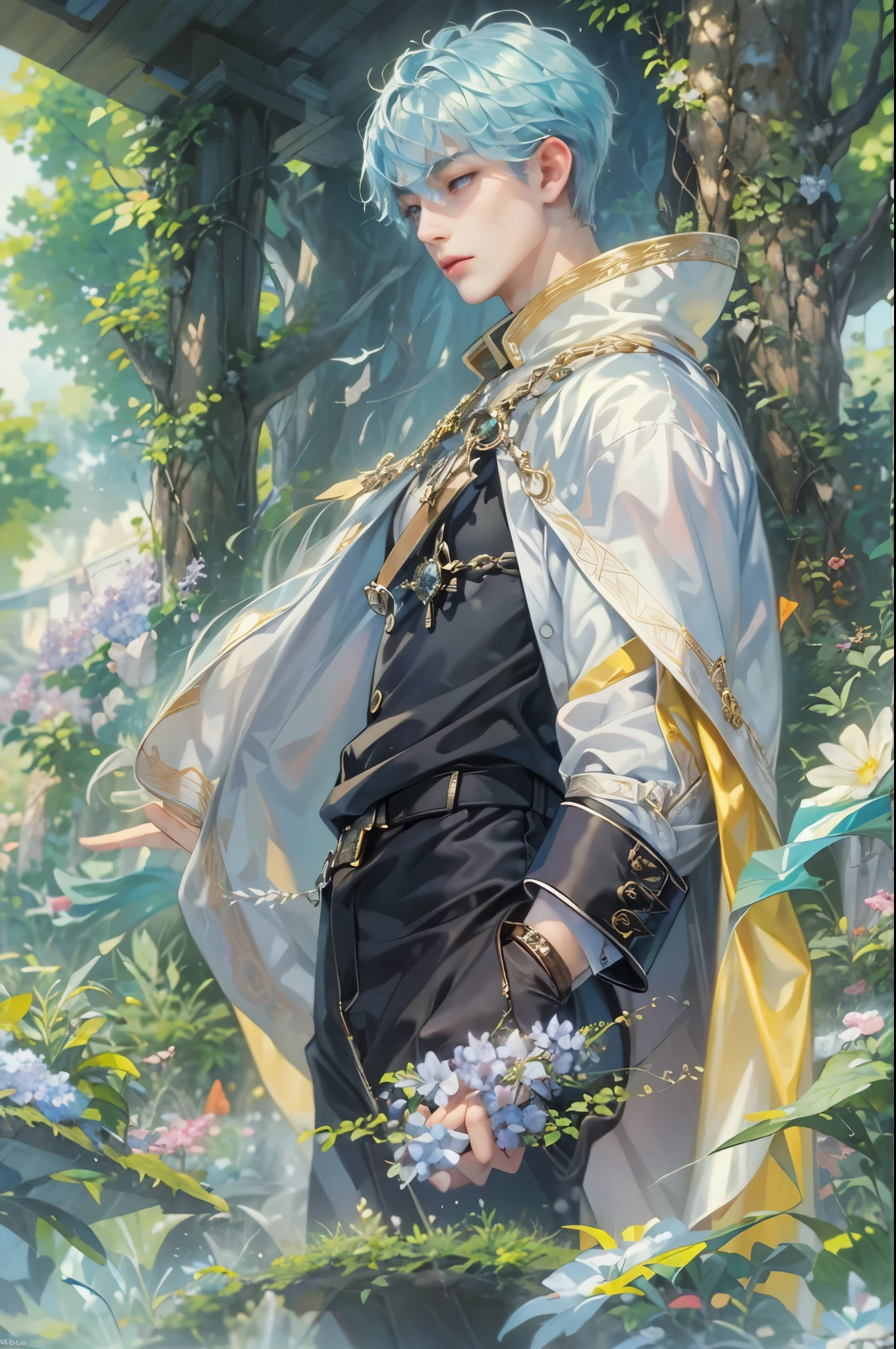 ((Best quality)), ((masterpiece)), (detailed), ((perfect face)), ((halfbody)) handsome face, male, teen boy, perfect proportions , a male version of the character from tensura slime isekai memories anime, colorful outfit, detailed scenery background