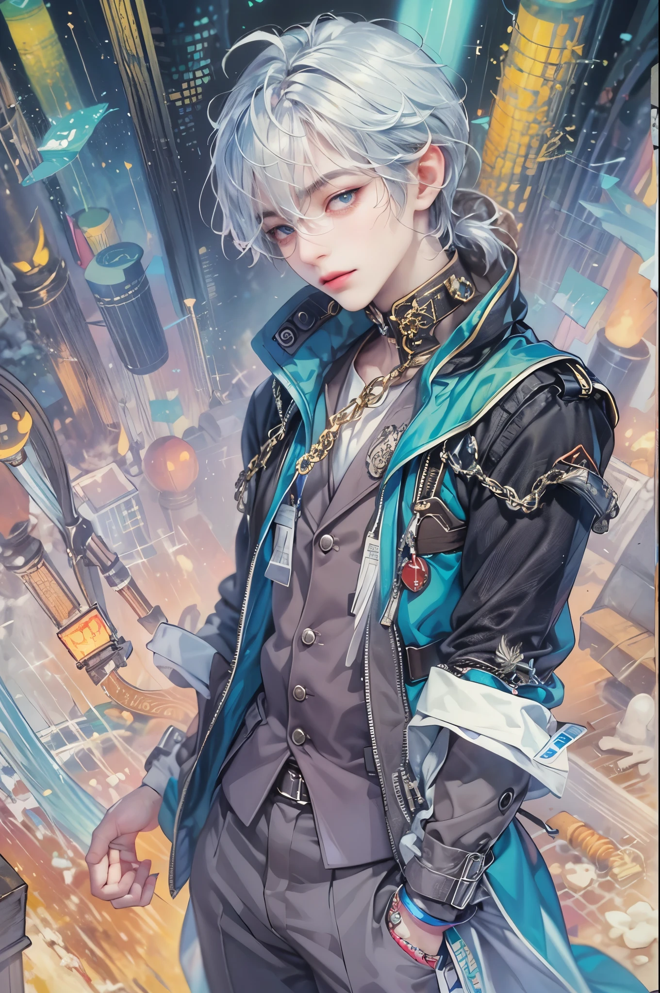 ((Best quality)), ((masterpiece)), (detailed), ((perfect face)), ((halfbody)) handsome face, male, teen boy,  perfect proportions , a male version of the character from tensura slime isekai memories anime, colorful outfit, detailed scenery background 