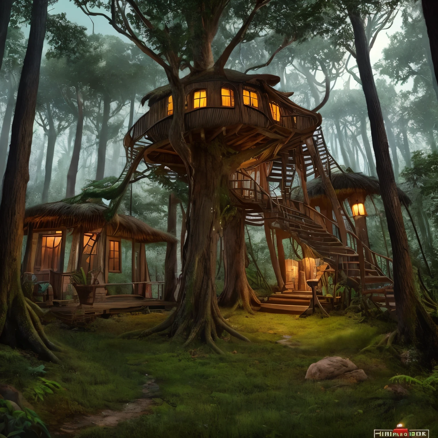 (masterpiece:1.2), (best quality,:1.2), 8k, HDR, ultra detailed, ((photorealistic)), professional light, cinematic lighting, fashion photography, ambient lighting, fantasy, background, a tree house in the middle of a forest,  FanLan, epiCPhoto,