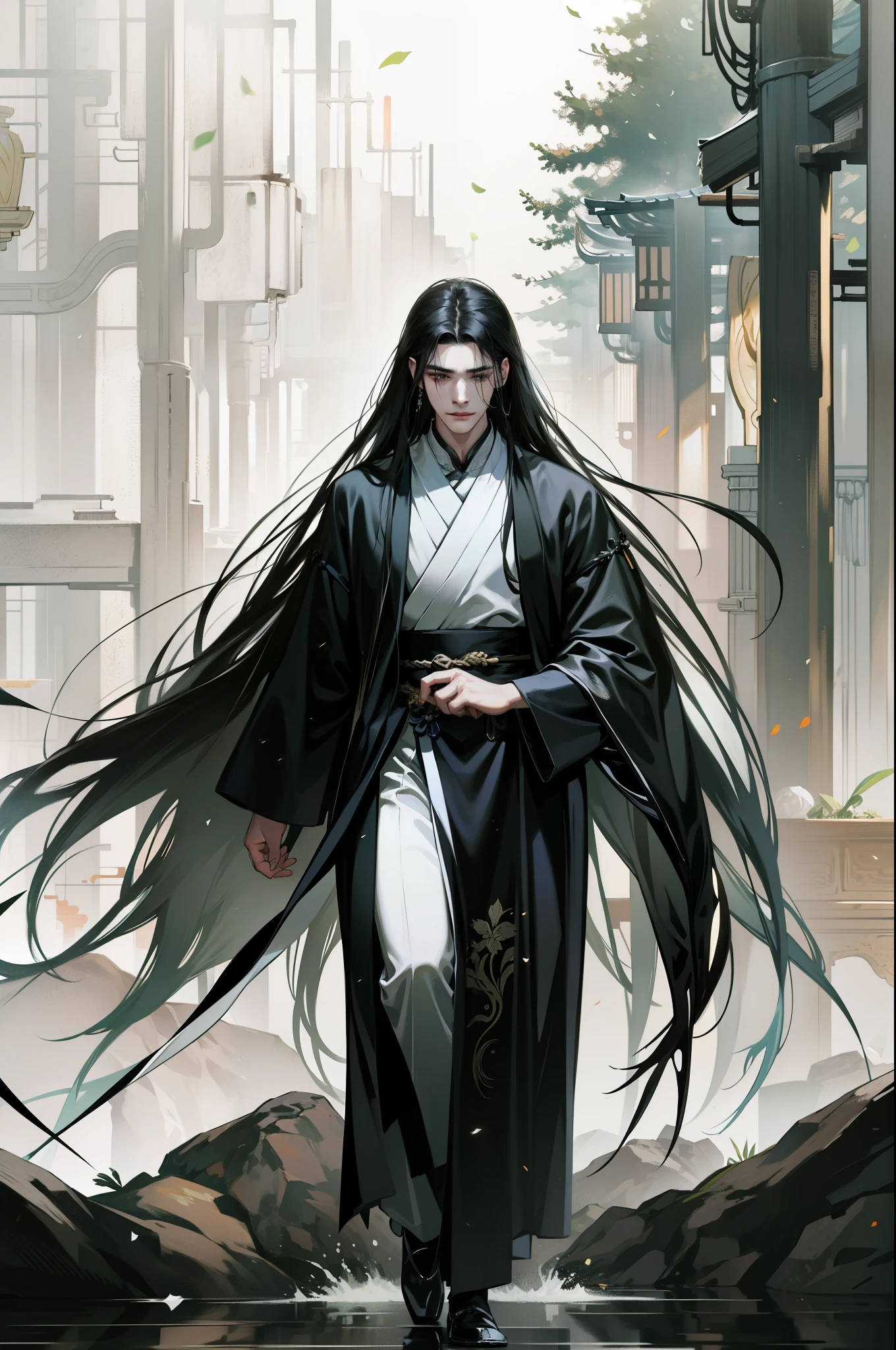 painting of walking in the rain, flowing hair and gown, full-body xianxia, long flowing black hair, heise-lian yan fang, Full body martial arts, Dark flowing robe, Thin black robe, ren heng, Xianxia,handsome guy,black hair color hair
