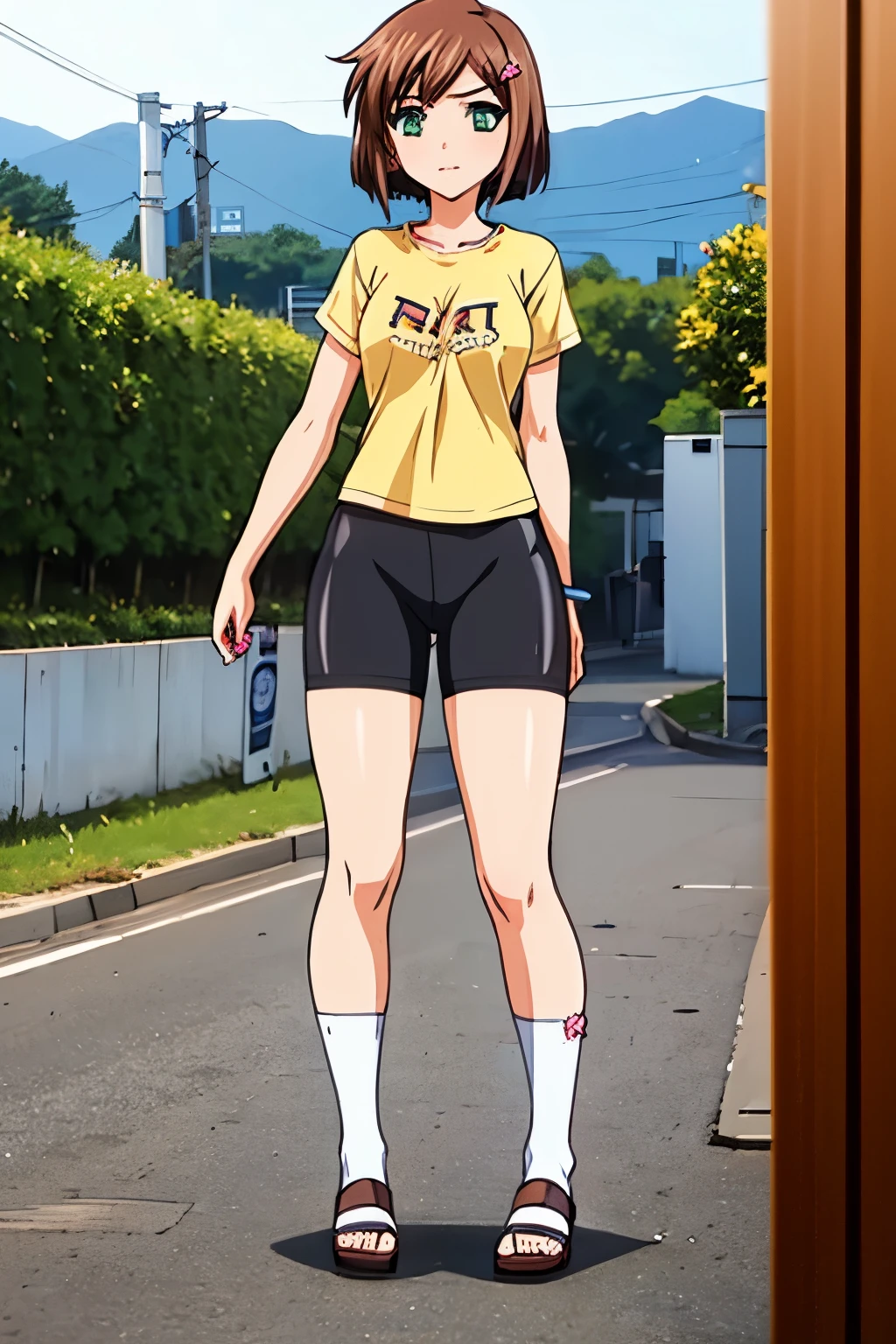 1girl, perfect face, hdr, moemiv1, brown hair, short hair, hairclip, green eyes, medium breast, long shirt, crop shirt, tucked shirt, yellow shirt, short_sleeves, bike_shorts, pov, white socks, brown sandals, full body, standing,