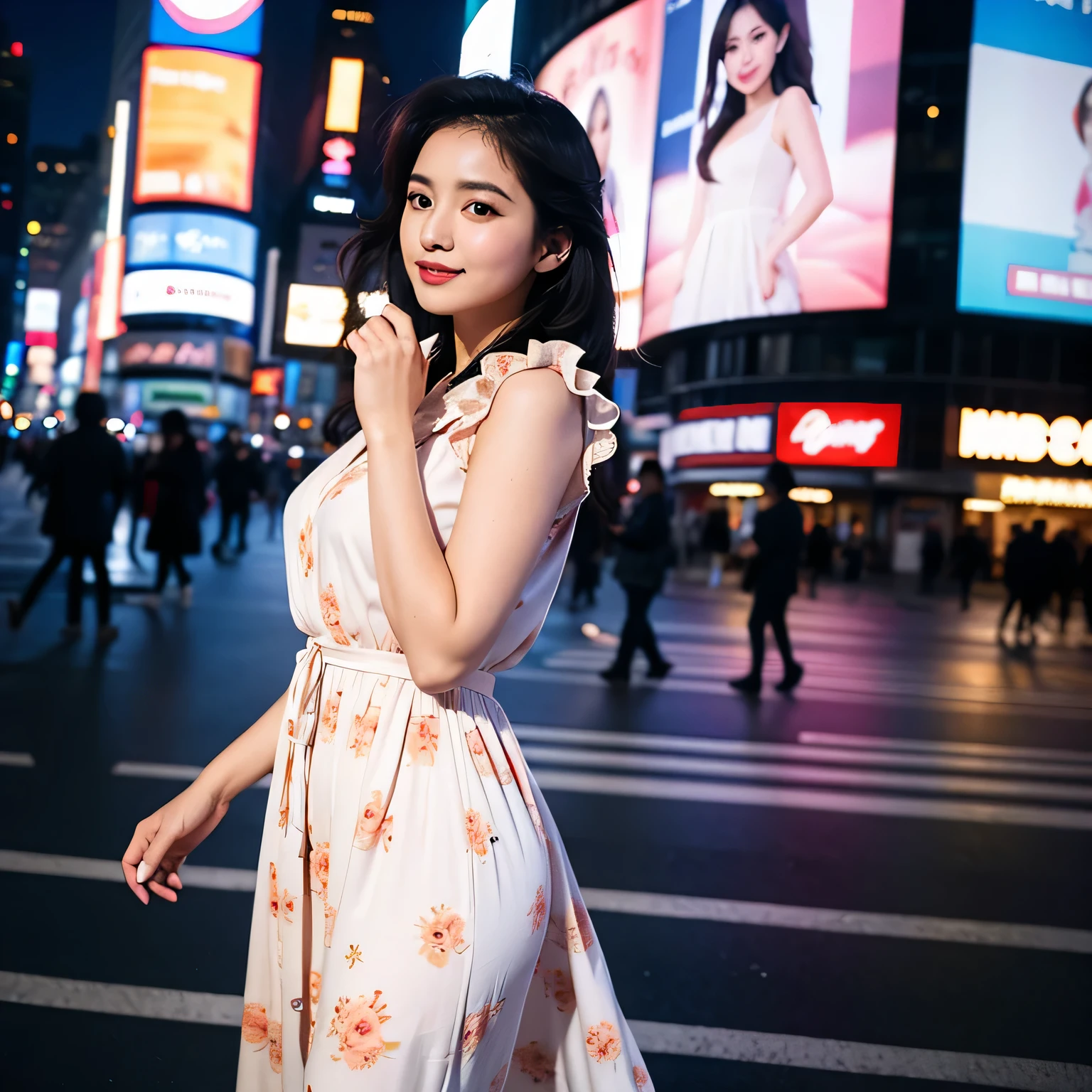 TYPE : Beauty Photography
THEME : fashion style
RACE : Indonesian, young
PERSON 1 : Early 20s, woman
SCENE : outdoor , night , a woman standing across the time square new york, creating an beauty atmosphere , wind blowing effect, beautiful and cute expression , cute pose .smile at camera 
PROPS: : complete decoration of time square new york , wearing stylist soft peach patterned long dress made from chiffon fabric, wind blow
CAMERA : photographed using an Canon eos 90d DSLR camera with 18-135mm lens , detail skin texture , detailed face , close up , low exposure
ANGLE : High Dynamic Range (HDR) shot
inspiration byousoku 5 cm