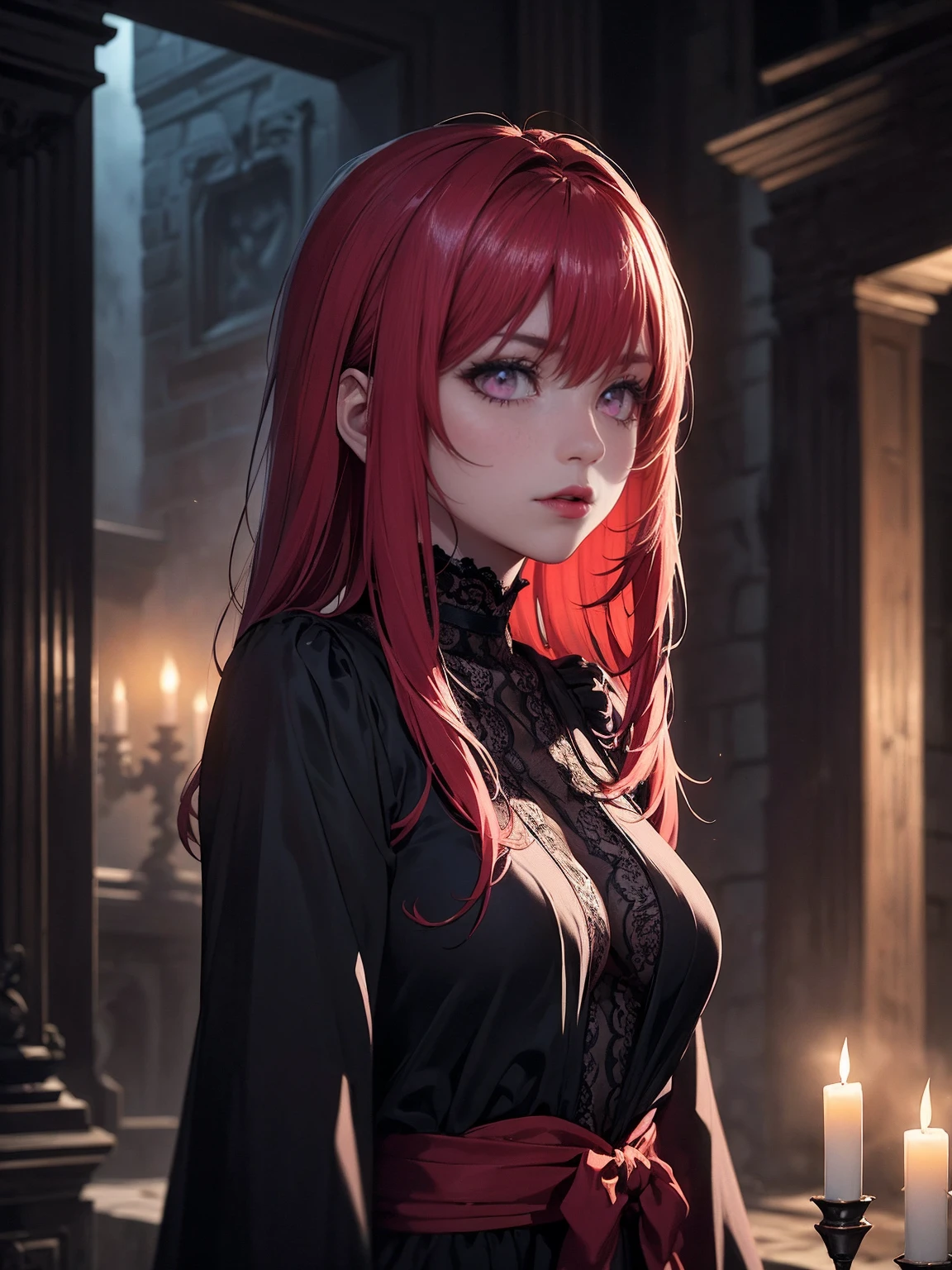 ((solo, 1woman, TakashiroHiroko, dark purple eyes, red hair, pink lipstick, Extremely detailed, ambient soft lighting, 4k, perfect eyes, a perfect face, perfect lighting, a 1girl, Lush)) , ((close, solo, 1woman, pink lipstick, Extremely detailed, ambient soft lighting, 4k, perfect eyes, a perfect face, perfect lighting, a 1girl)), (shy, highest quality, masterpiece:1.2), High-definition RAW color photo, Professional, cinematic light, gothic aesthetics, horror, eerie atmosphere, dark shadow, unforgettably beautiful, creepy landscape, gothic architecture, eerie atmosphere, decaying ruins, foggy fog, dramatic lighting, dark color, creepy details, (beautiful woman, Flowing Black Dress, haunted house, cute presence, gothic fashion, lace and velvet, dark red dress and vclack), eerie storm clouds, Moonlight night, supernatural being, eerie shadow, gothic charm, romantic rose in a dark corner, Bright red roses, creeping vine, dripping candle, Secret Whispers、delicate carvings, Ancient curses, thunder and lightning, creepy fog and crows, medieval atmosphere, spiderweb, gorgeous chandelier、Gargoyle - decorated roof, bleeding statue, sublime beauty, gothic aesthetic