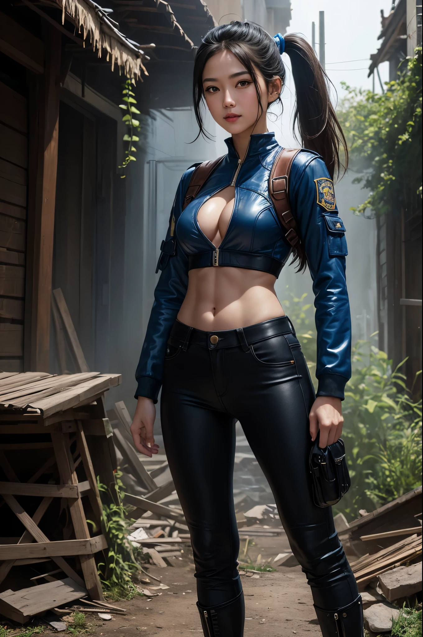 8K,The younger sister of twin sisters wearing casual clothes,Super beautiful(like the real thing),super realistic skin,My sister is tall and has a muscular, slim body.,Violent and strongly cracked abdominal muscles,small breasts,blue sexy combat uniform,Big eyes,black eyes,Light brown-haired ponytail,fancy makeup,blue combat pants,blue jacket,smile,masterpiece,Photorealistic RAW photos of the highest quality。bright colors,rich colors, Backlight, cinematic lighting, film grain, to be born, 50mm lens, Nikon D850,detailed character art,fantasy art,ultra high resolution,super realistic skin,Perfect hand shape,In front of the abandoned temple,beautiful expression,