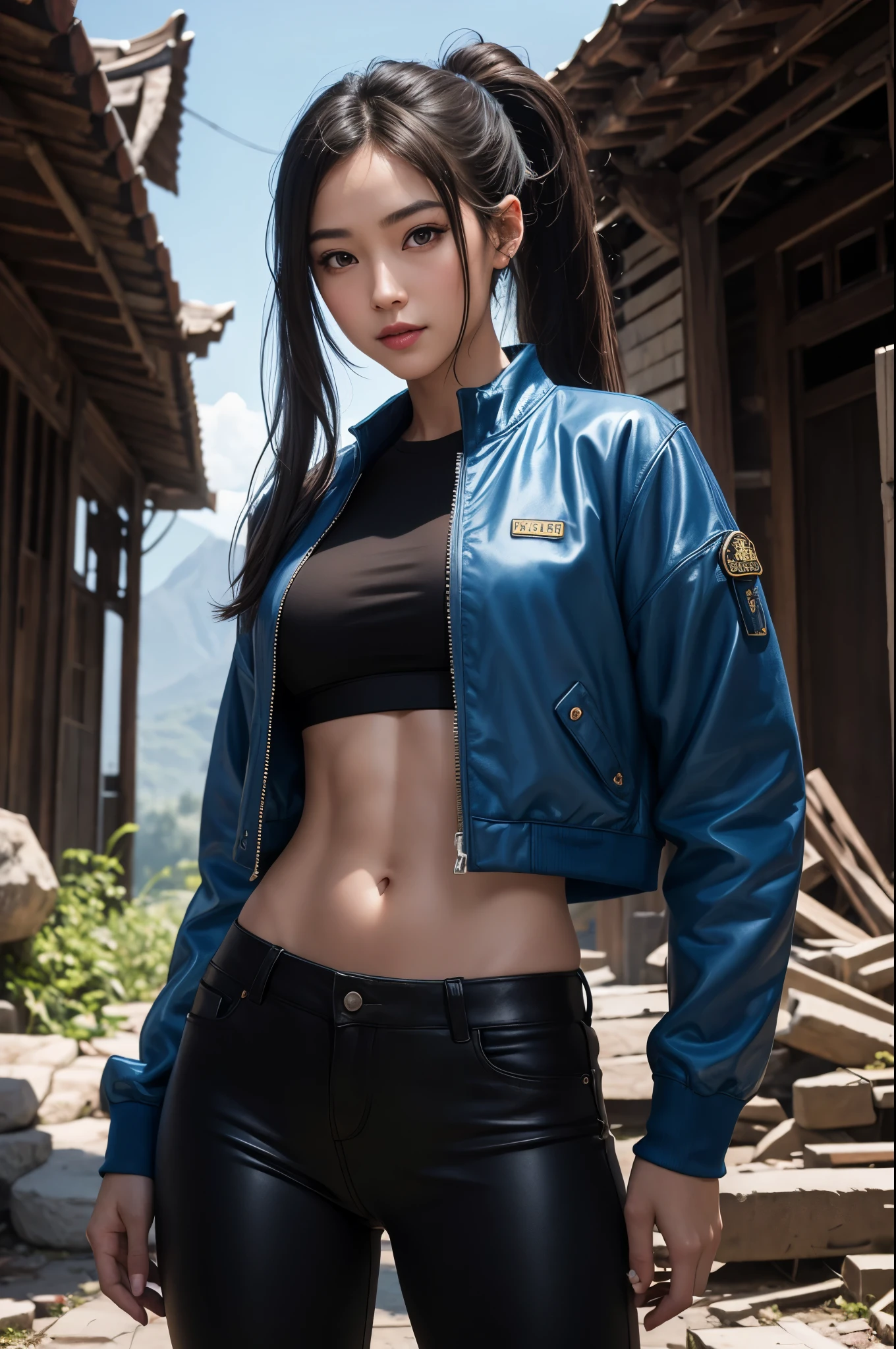 sfw, masterpiece, best quality, high-resolution, one girl, Leona Heidern, blue hair with a ponytail, blue eyes, wearing a military uniform with a green jacket, shorts that reveal her midriff, and crop top, black gloves covering her forearms, earrings dangling from her ears, and a navel piercing. Her young, slender figure is accentuated by the fitted uniform, and she stands confidently with her hands on her hips, her posture exuding strength and determination. Despite the military setting, there is a certain innocence about her, evident in her blushing cheeks and coy glance away. Her large breasts are barely contained within the confines of, wearing bra,((skinny waist)), young asian girl, ((big )),