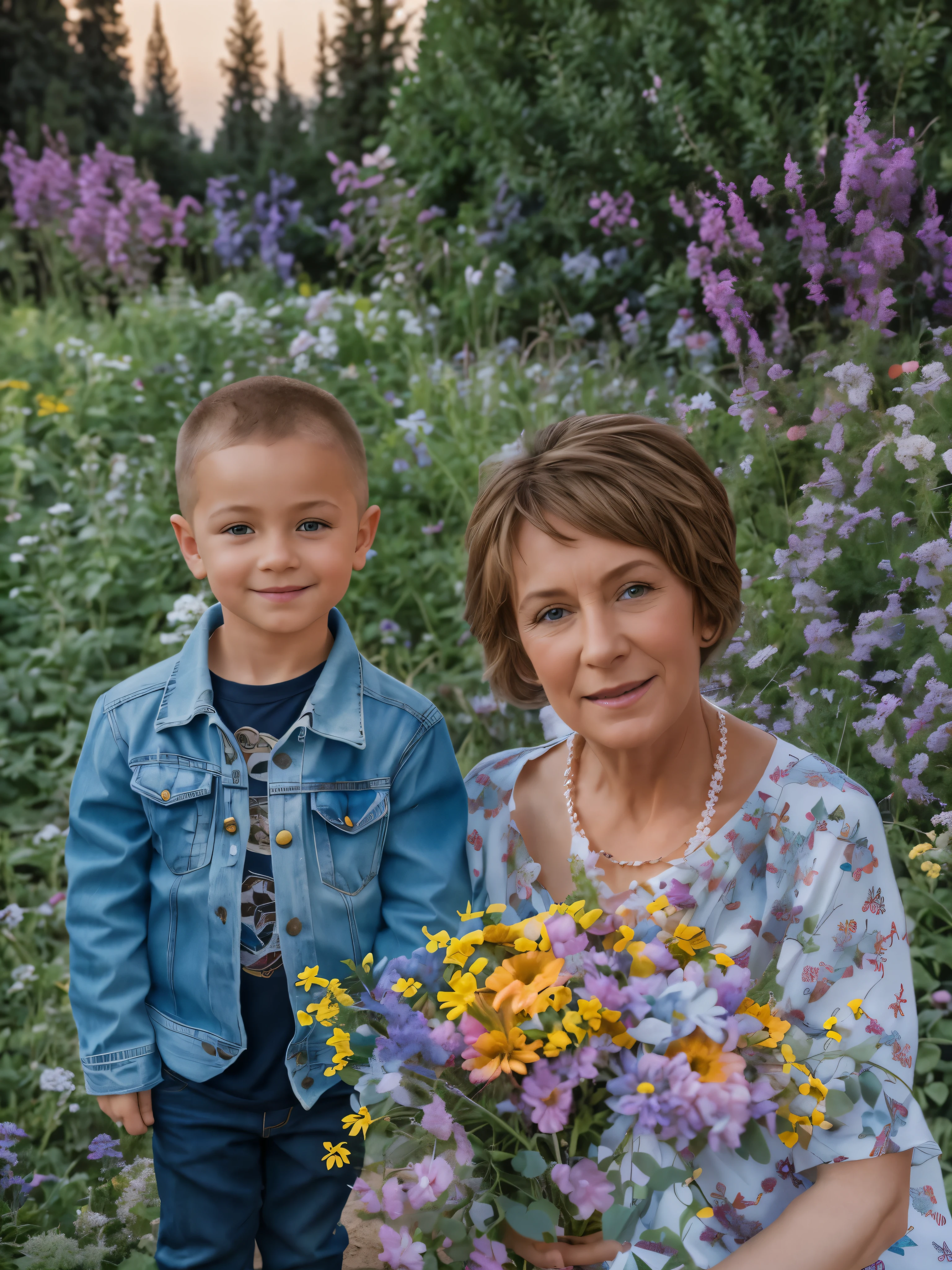 A little boy with blond hairless hair stands in a plain white T-shirt and dark jeans.., Next to her, A 60-year-old woman with brown hair in a simple blue dress with no jewelry around her neck holds a large bouquet of flowers in her hands..., Against the background of a green garden, Really, super detailed, Ultra Detail, detailed clothing, realistic clothes, HD, high quality, detailed hair, HDR, 8K, Masterpiece