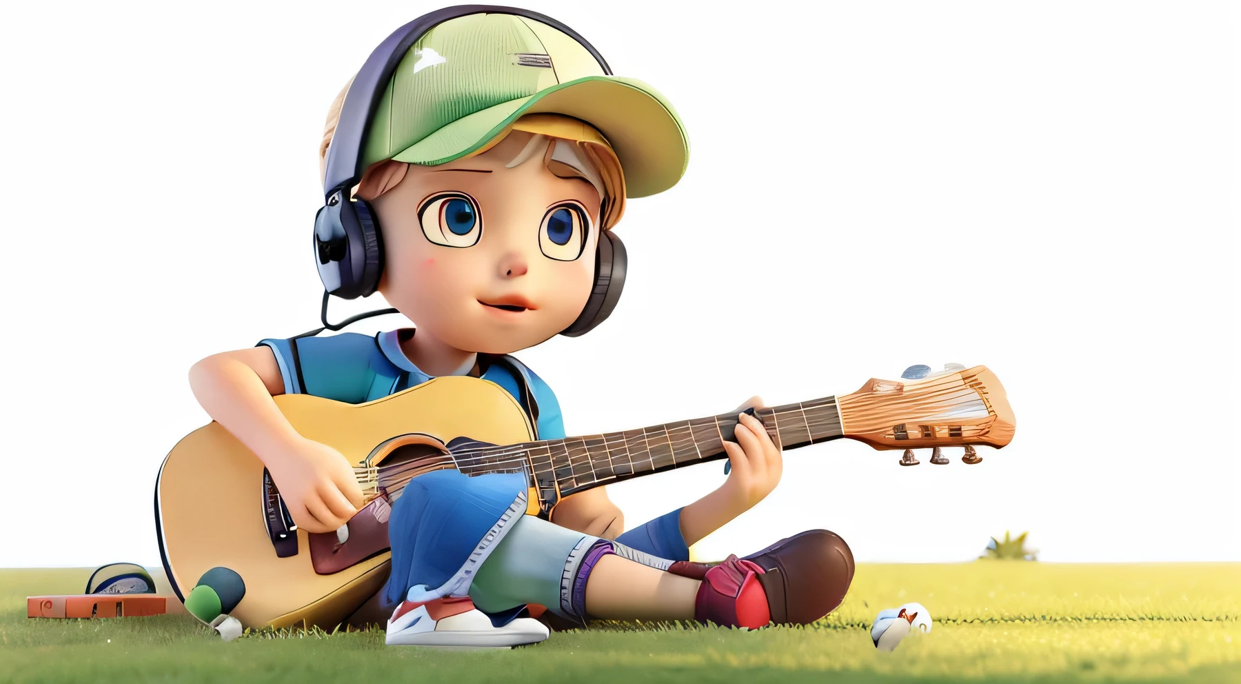 Playing guitar on the grass,earphone,baseball cap