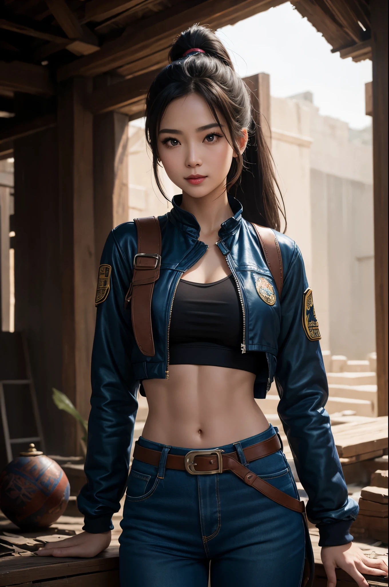 8K,The younger sister of twin sisters wearing casual clothes,Super beautiful(like the real thing),super realistic skin,My sister is tall and has a muscular, slim body.,Violent and strongly cracked abdominal muscles,small breasts,blue sexy combat uniform,Big eyes,black eyes,Light brown-haired ponytail,fancy makeup,blue combat pants,blue jacket,smile,masterpiece,Photorealistic RAW photos of the highest quality。bright colors,rich colors, Backlight, cinematic lighting, film grain, to be born, 50mm lens, Nikon D850,detailed character art,fantasy art,ultra high resolution,super realistic skin,Perfect hand shape,In front of the abandoned temple,beautiful expression,